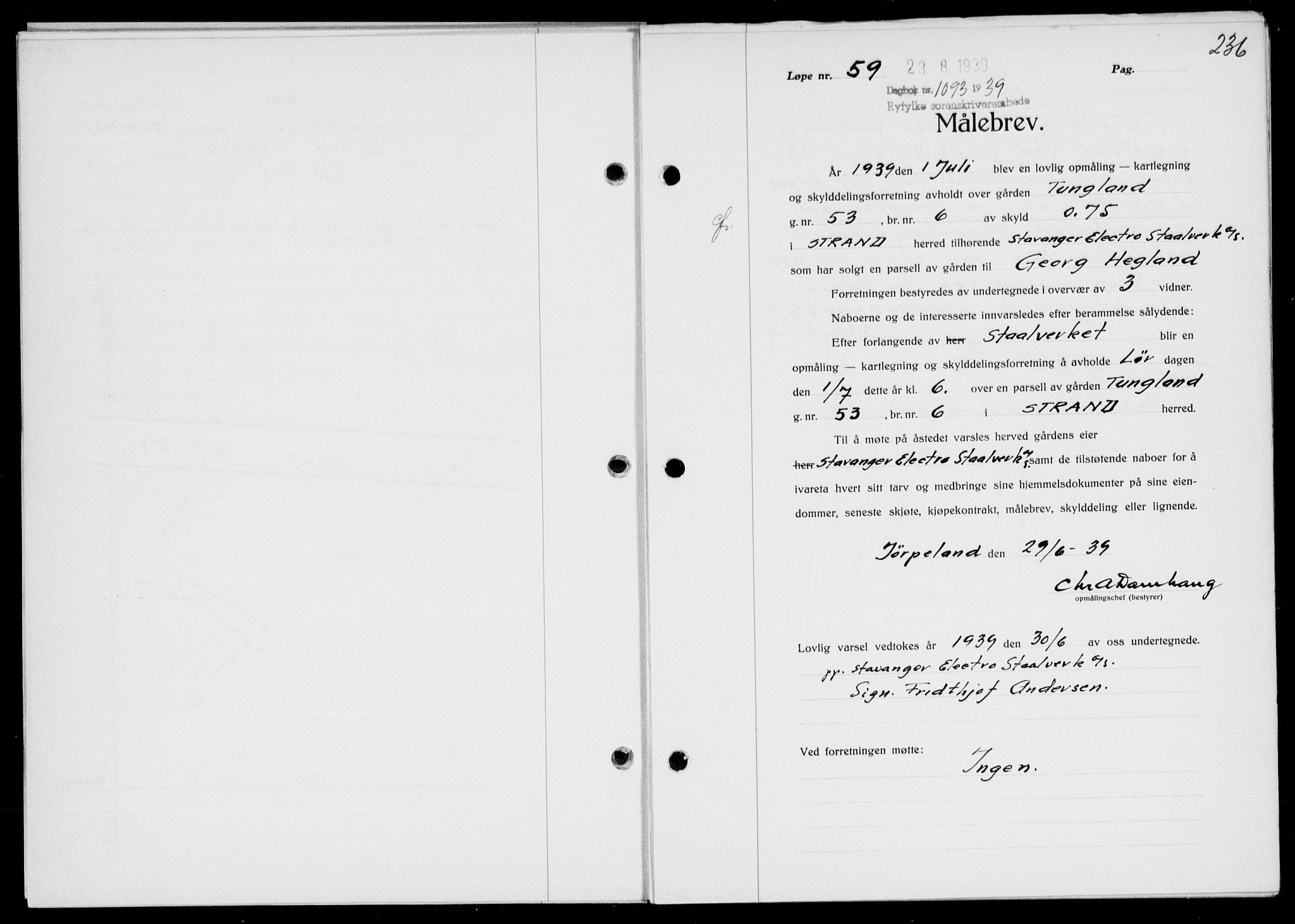 Ryfylke tingrett, AV/SAST-A-100055/001/II/IIB/L0080: Mortgage book no. 59, 1939-1939, Diary no: : 1093/1939