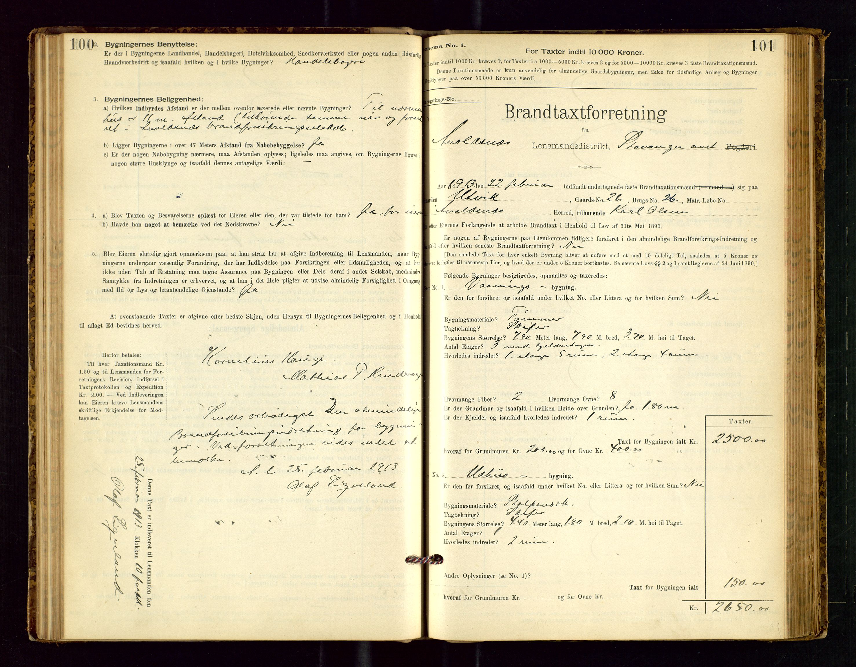 Avaldsnes lensmannskontor, SAST/A-100286/Gob/L0001: "Brandtaxationsprotokol for Avaldsnes Lensmandsdistrikt Ryfylke Fogderi", 1894-1925, p. 100-101