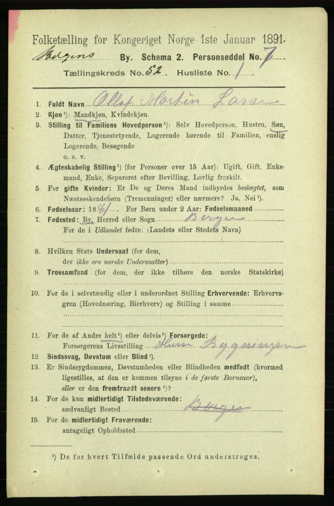 RA, 1891 Census for 1301 Bergen, 1891, p. 61210