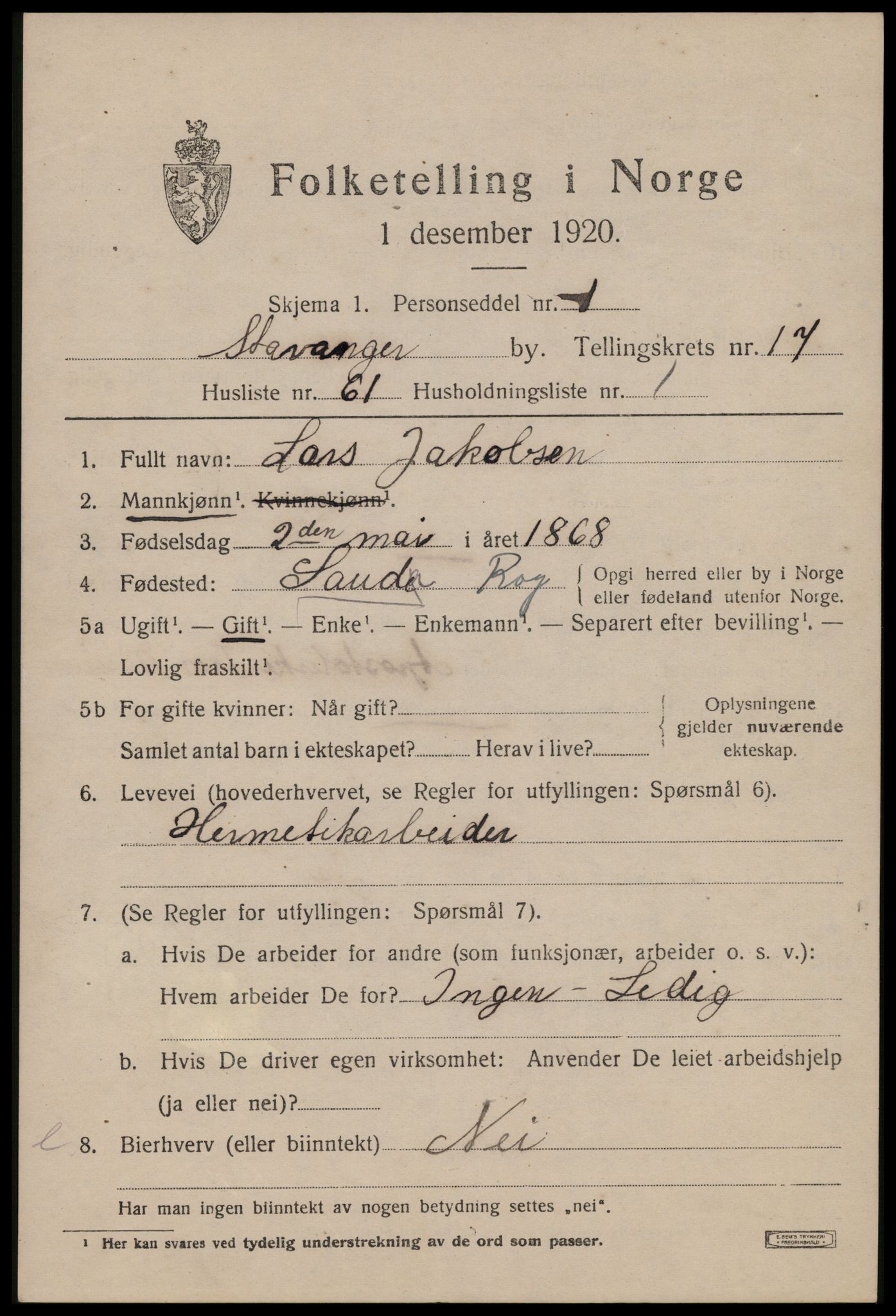 SAST, 1920 census for Stavanger, 1920, p. 66084