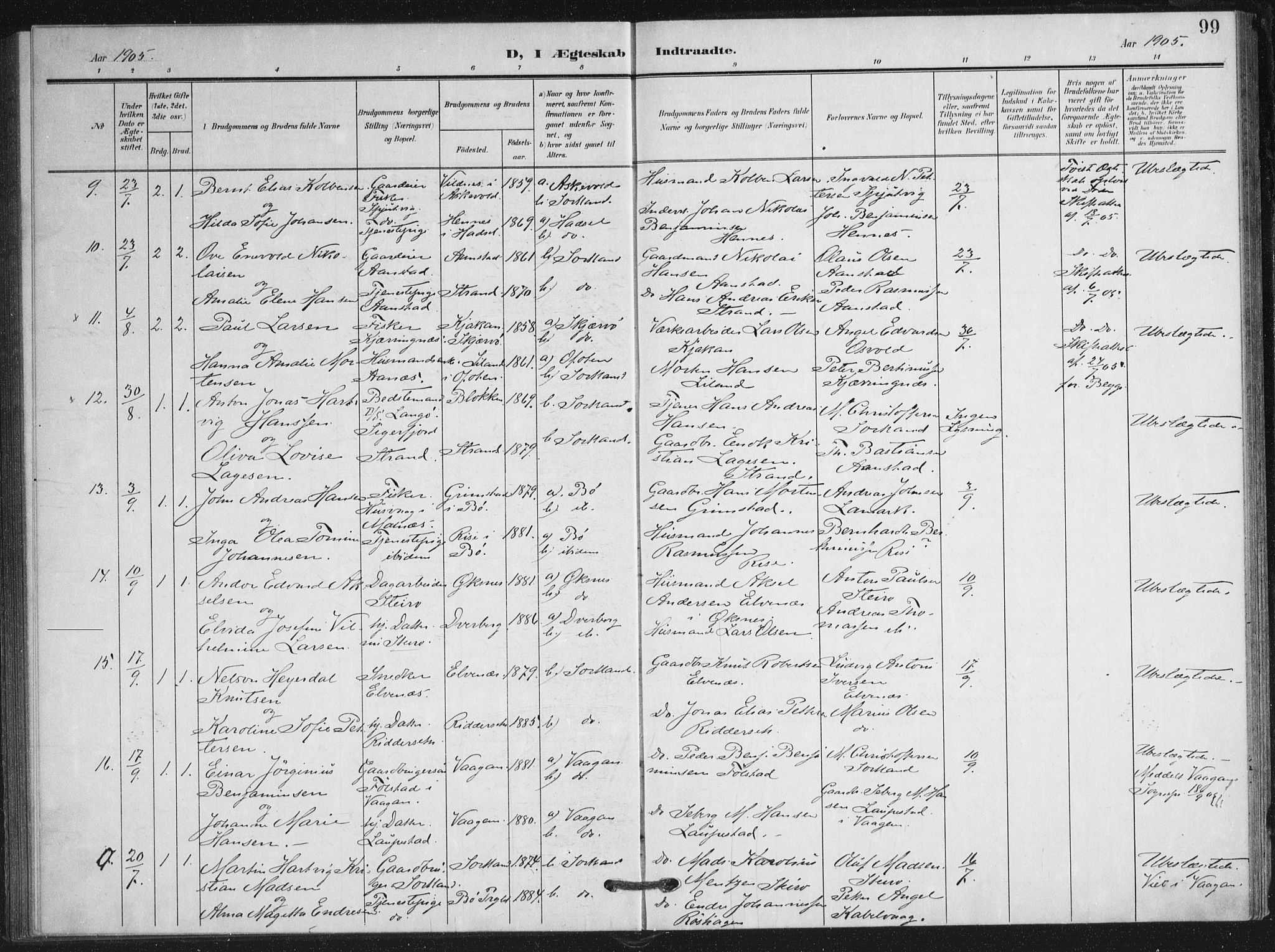 Ministerialprotokoller, klokkerbøker og fødselsregistre - Nordland, AV/SAT-A-1459/895/L1373: Parish register (official) no. 895A08, 1905-1915, p. 99