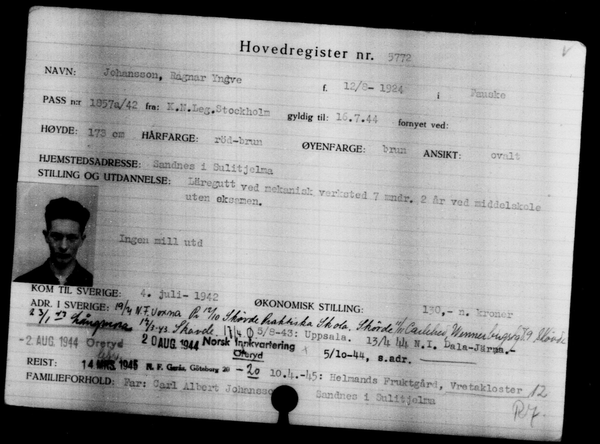 Utenriksstasjonene, Legasjonen i Stockholm, Flyktningkontoret, AV/RA-S-6753/V/Va/L0004: Kjesäterkartoteket, flyktninger med registreringsnr. 3496-6610, 1940-1945, p. 2641