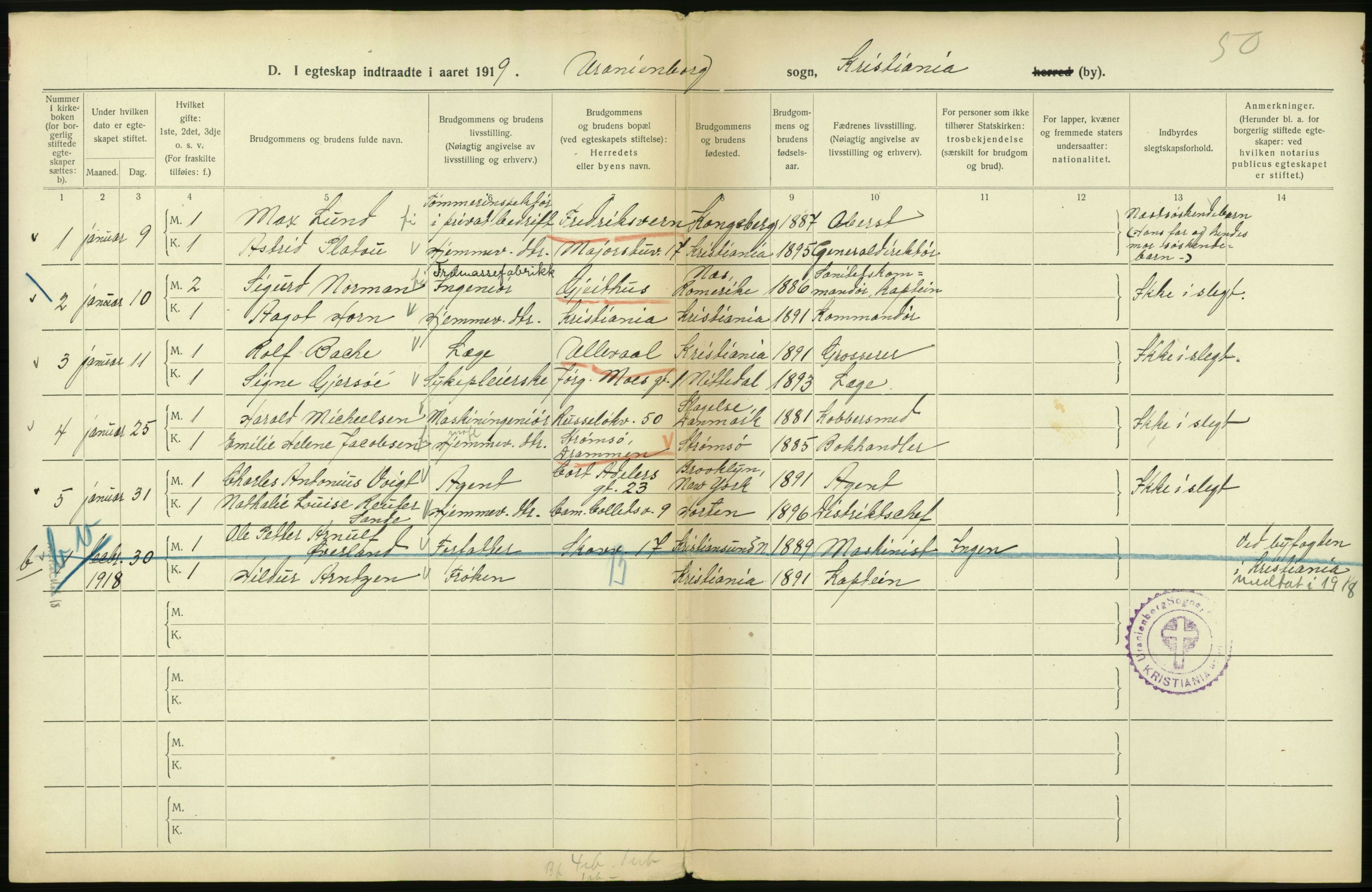 Statistisk sentralbyrå, Sosiodemografiske emner, Befolkning, RA/S-2228/D/Df/Dfb/Dfbi/L0009: Kristiania: Gifte, 1919, p. 206