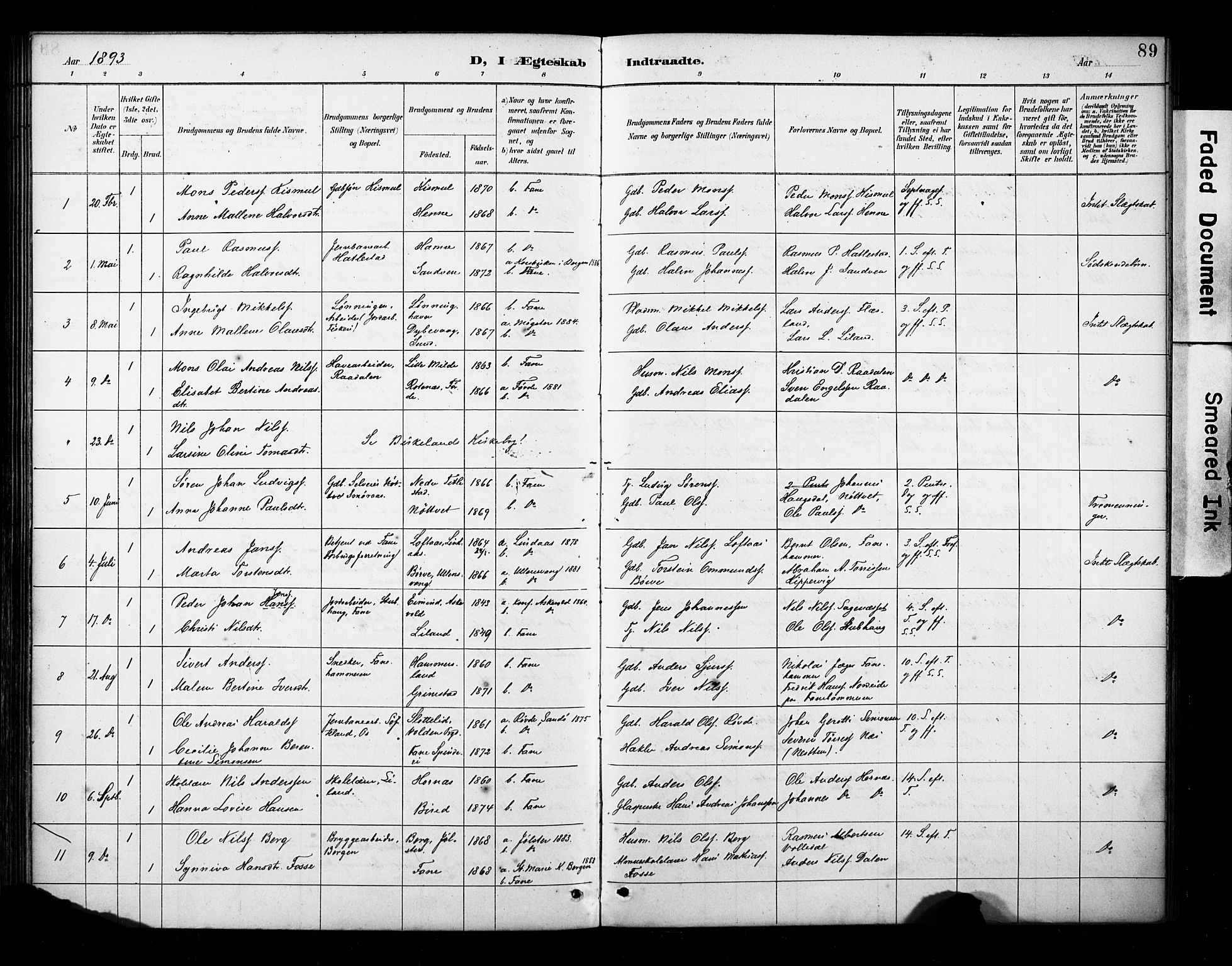Fana Sokneprestembete, SAB/A-75101/H/Haa/Haab/L0002: Parish register (official) no. B 2, 1890-1897, p. 89