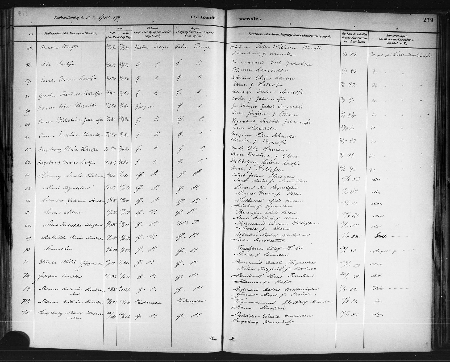 Porsgrunn kirkebøker , SAKO/A-104/G/Gb/L0005: Parish register (copy) no. II 5, 1883-1915, p. 279