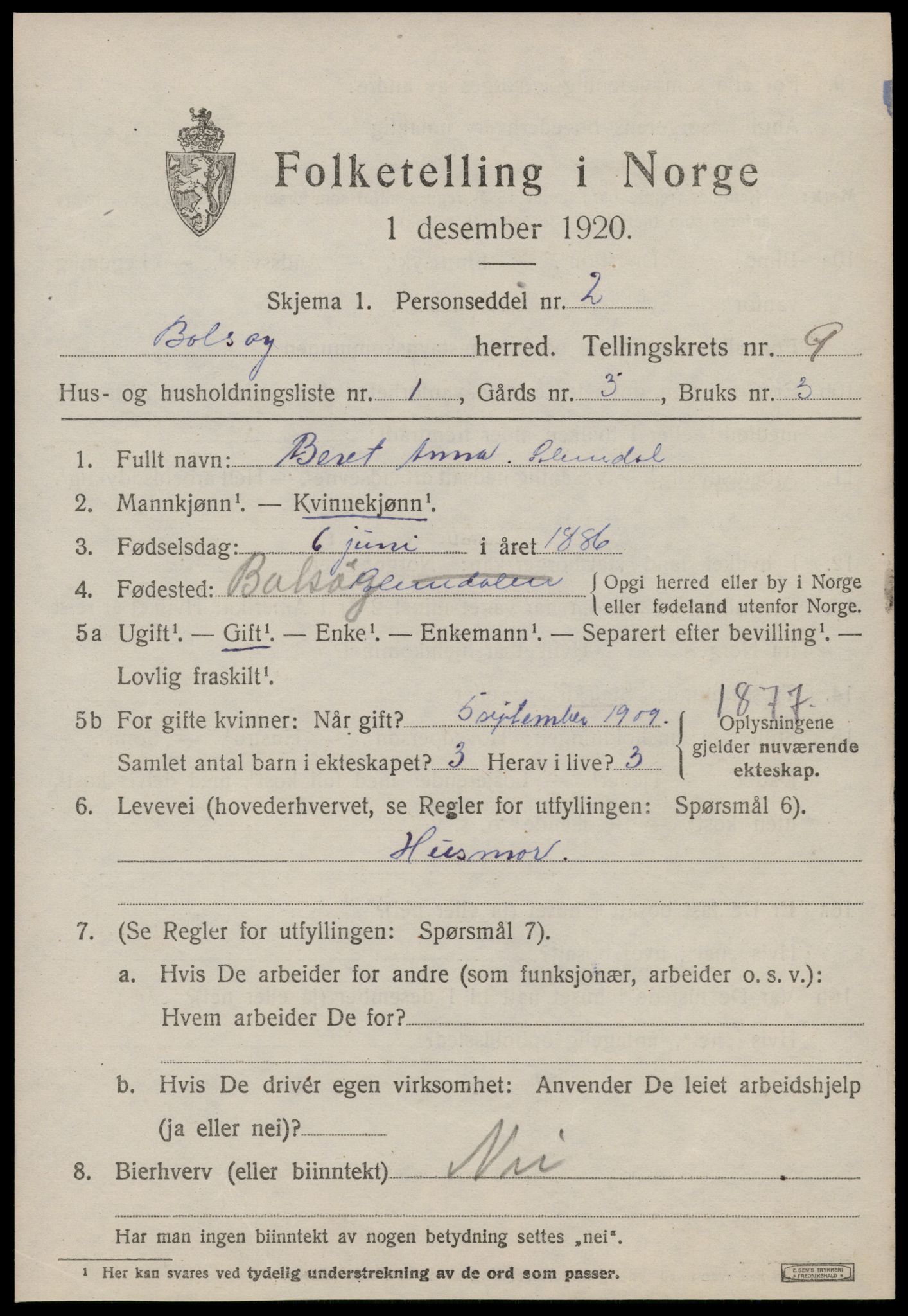 SAT, 1920 census for Bolsøy, 1920, p. 9869