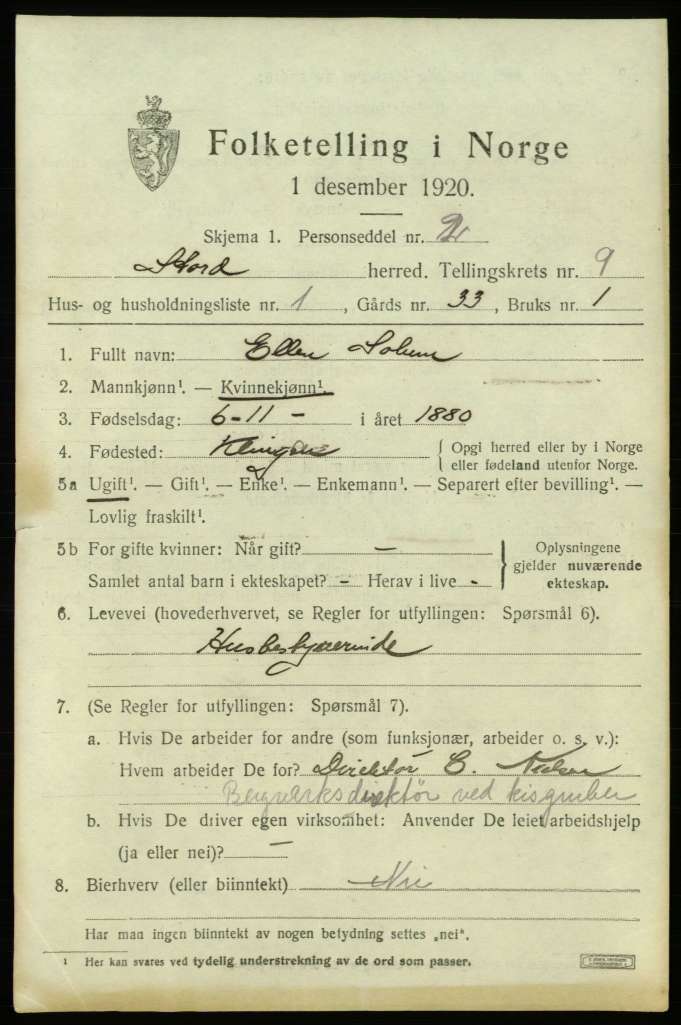 SAB, 1920 census for Stord, 1920, p. 4713