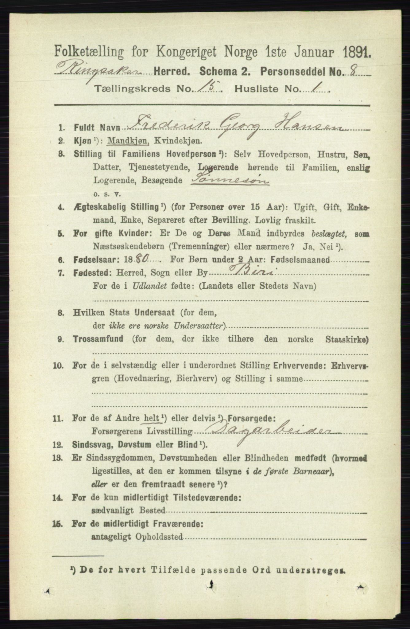 RA, 1891 census for 0412 Ringsaker, 1891, p. 8490