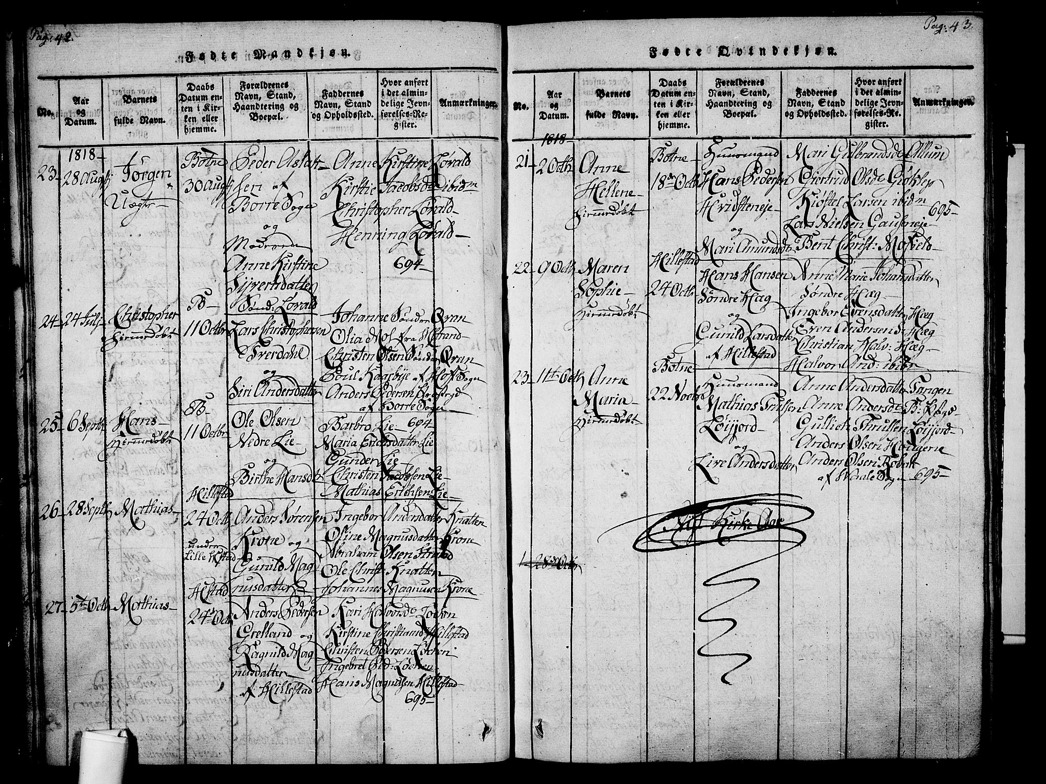 Botne kirkebøker, SAKO/A-340/F/Fa/L0005: Parish register (official) no. I 5, 1814-1836, p. 42-43