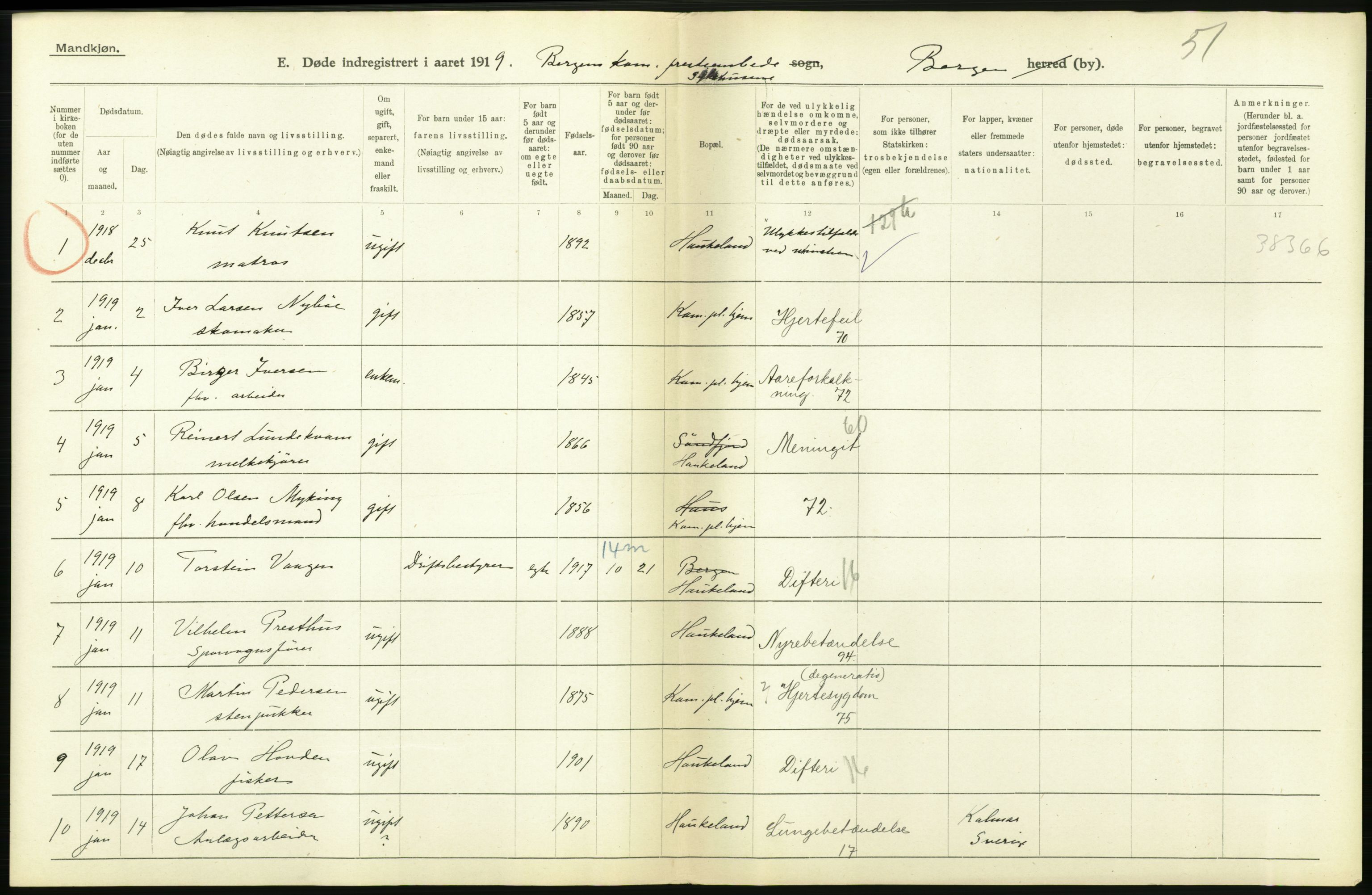 Statistisk sentralbyrå, Sosiodemografiske emner, Befolkning, AV/RA-S-2228/D/Df/Dfb/Dfbi/L0035: Bergen: Gifte, døde, dødfødte., 1919, p. 352