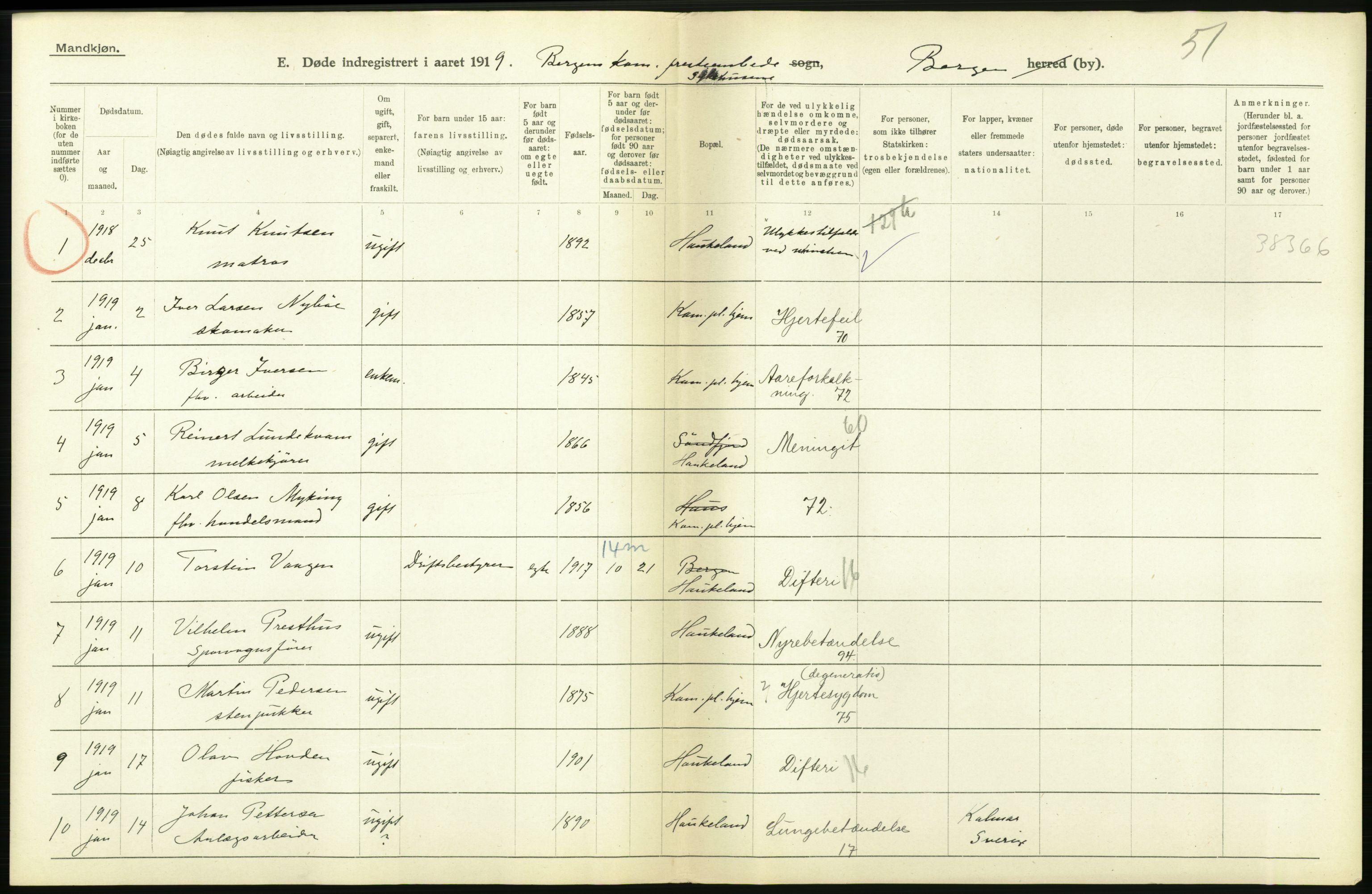 Statistisk sentralbyrå, Sosiodemografiske emner, Befolkning, RA/S-2228/D/Df/Dfb/Dfbi/L0035: Bergen: Gifte, døde, dødfødte., 1919, p. 352