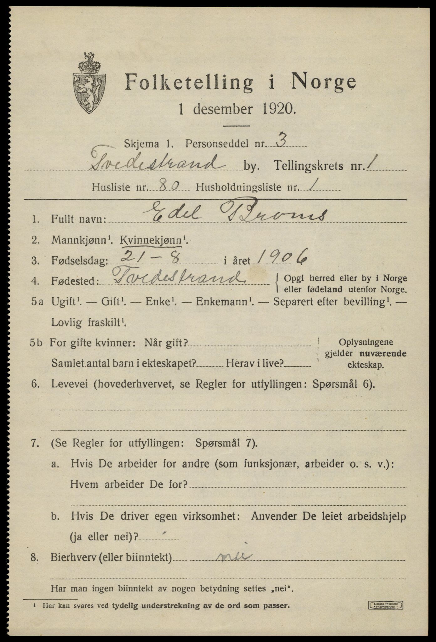 SAK, 1920 census for Tvedestrand, 1920, p. 2215