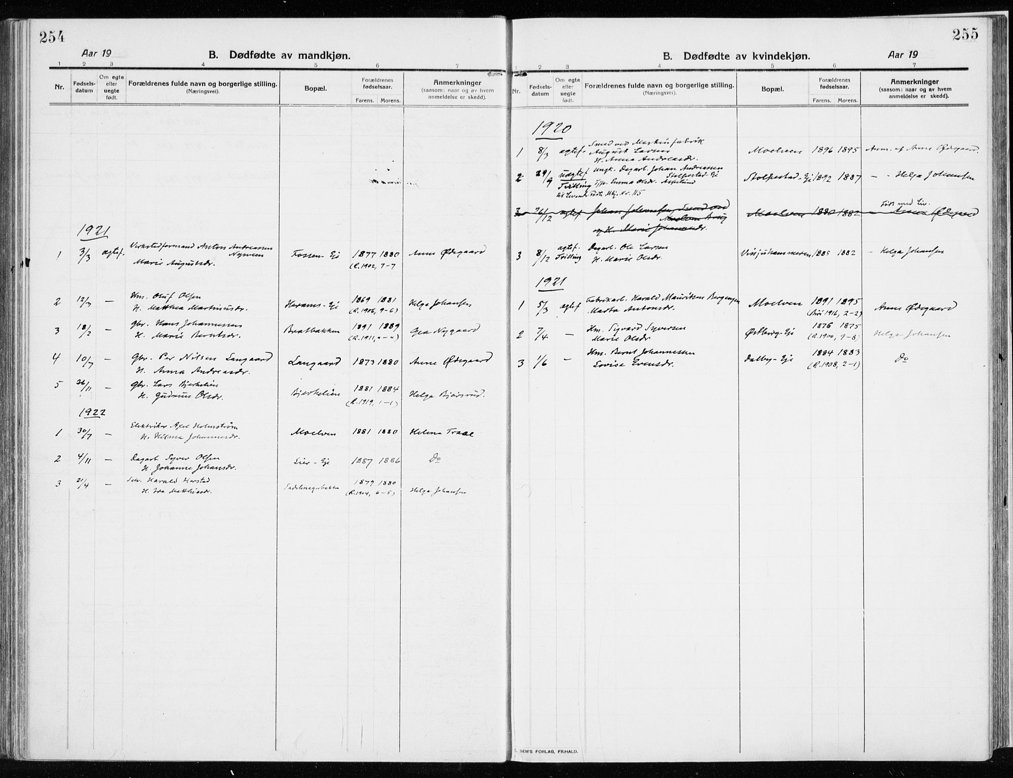 Ringsaker prestekontor, AV/SAH-PREST-014/K/Ka/L0020: Parish register (official) no. 20, 1913-1922, p. 254-255