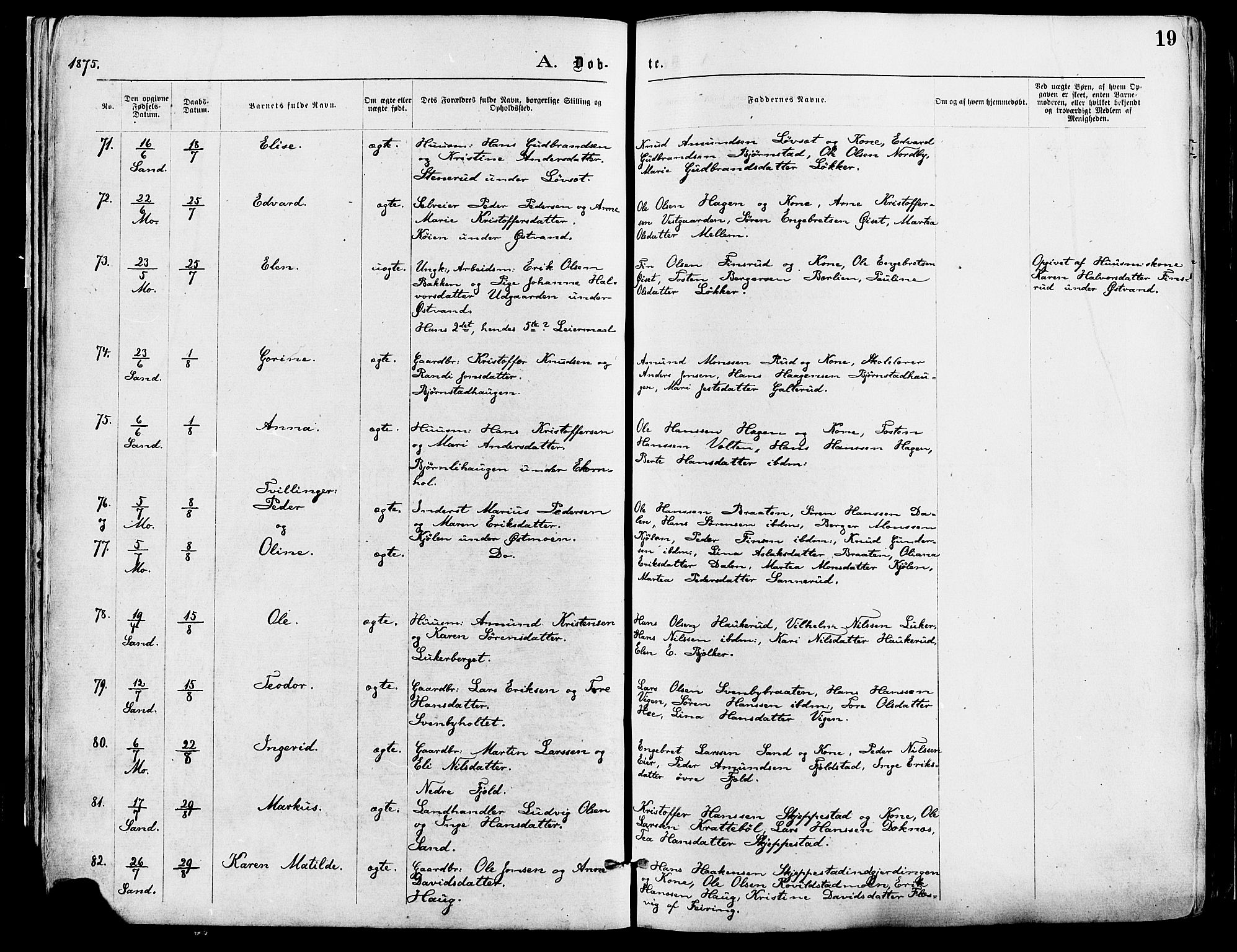 Nord-Odal prestekontor, AV/SAH-PREST-032/H/Ha/Haa/L0005: Parish register (official) no. 5, 1874-1885, p. 19