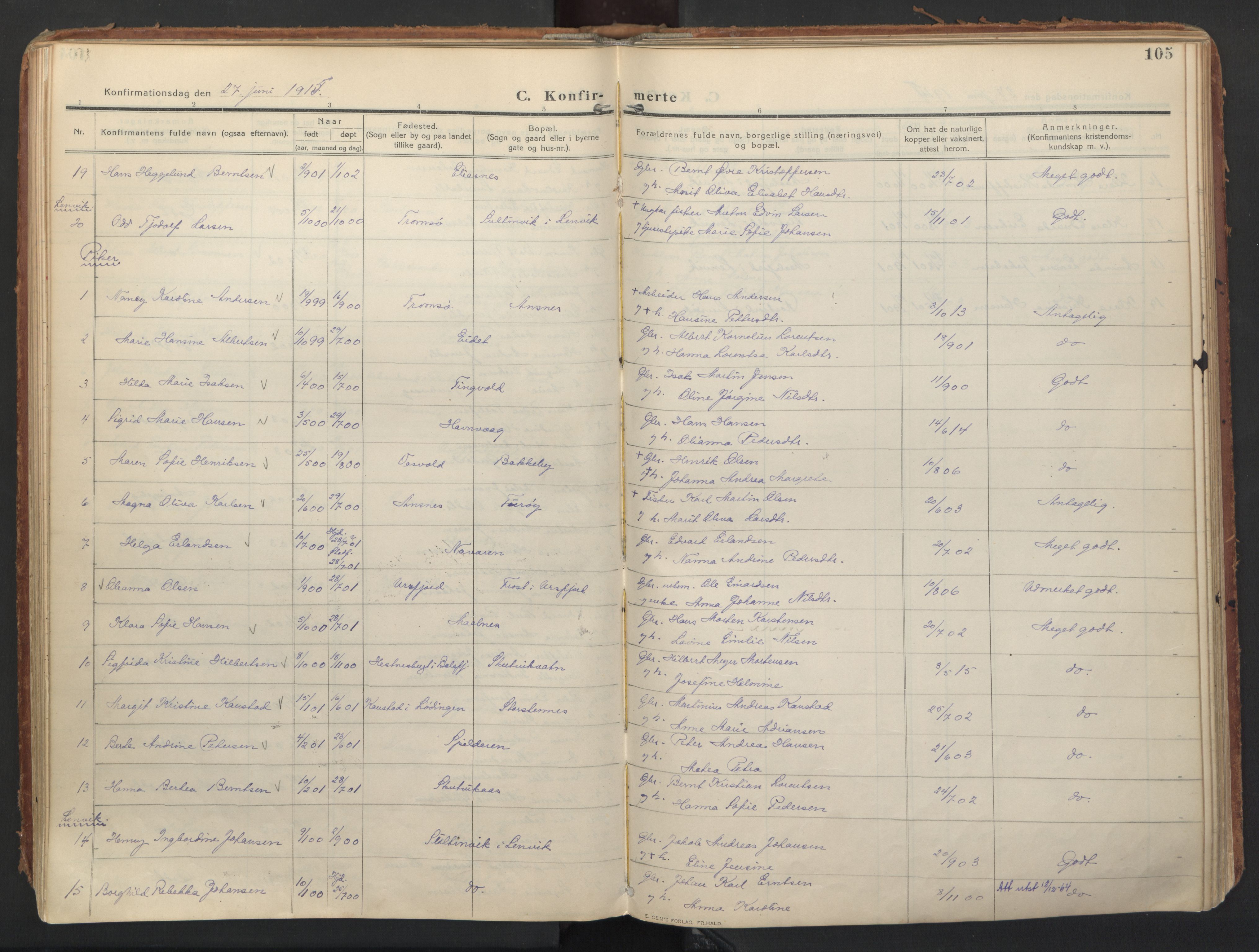 Balsfjord sokneprestembete, AV/SATØ-S-1303/G/Gaa/L0008kirke: Parish register (official) no. 8, 1910-1927, p. 105