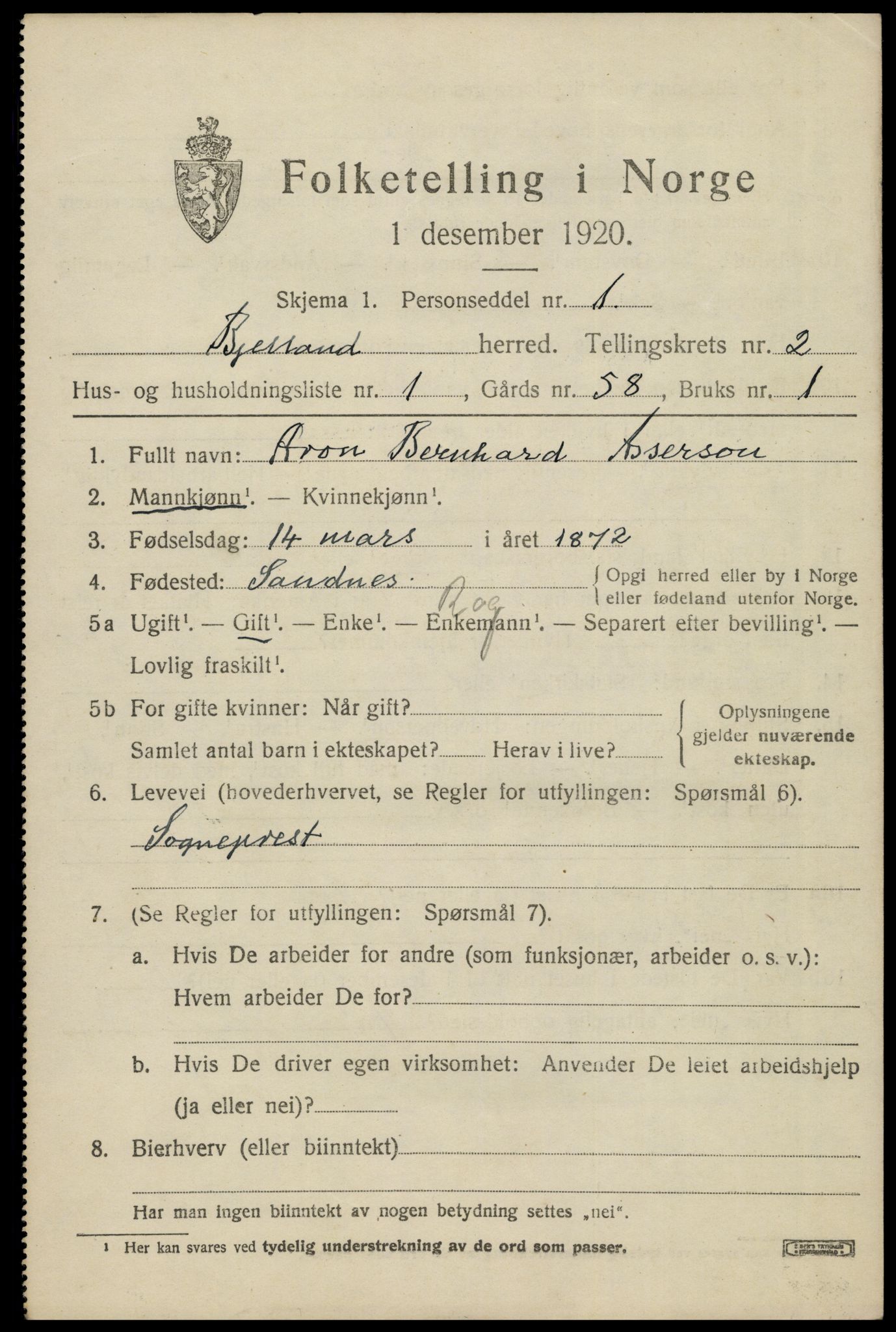 SAK, 1920 census for Bjelland, 1920, p. 703
