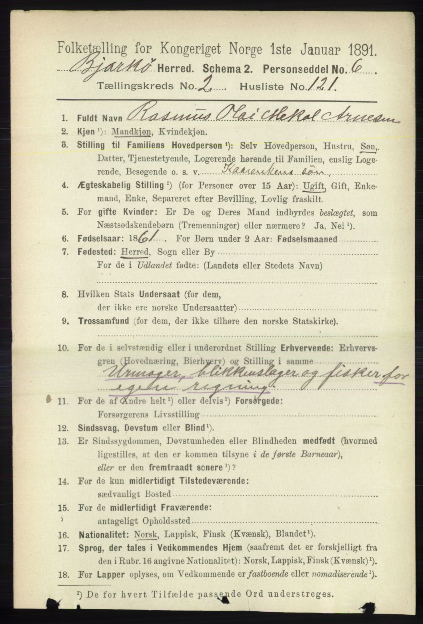 RA, 1891 census for 1915 Bjarkøy, 1891, p. 1478