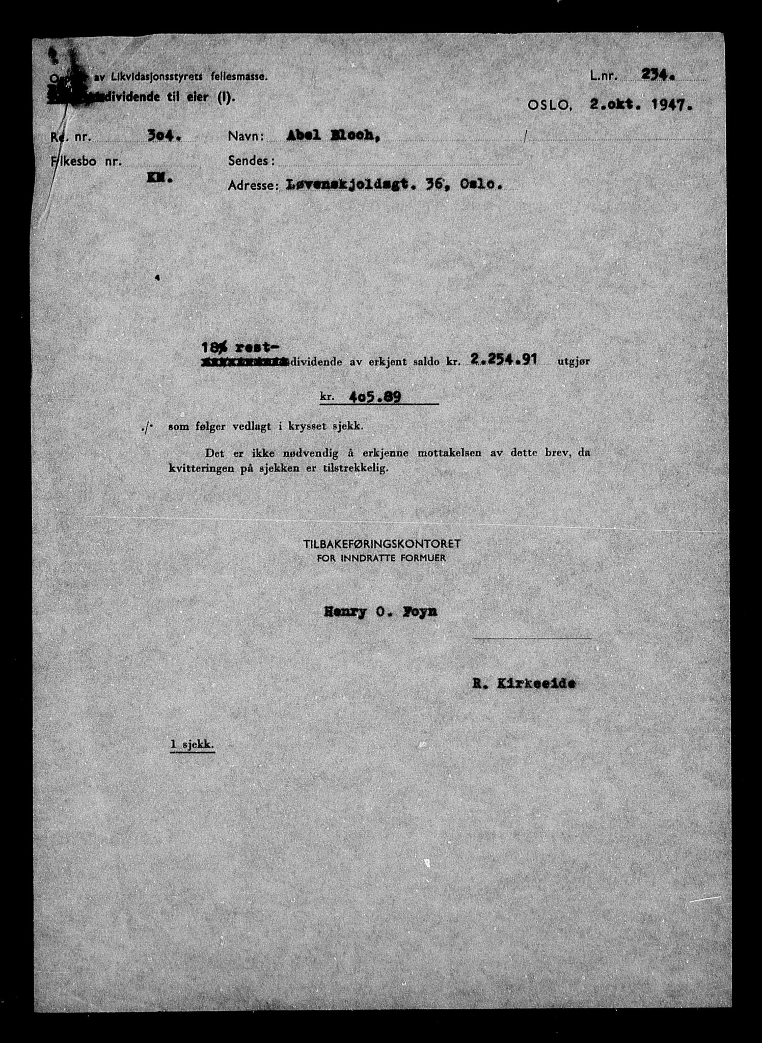 Justisdepartementet, Tilbakeføringskontoret for inndratte formuer, AV/RA-S-1564/H/Hc/Hcc/L0926: --, 1945-1947, p. 6