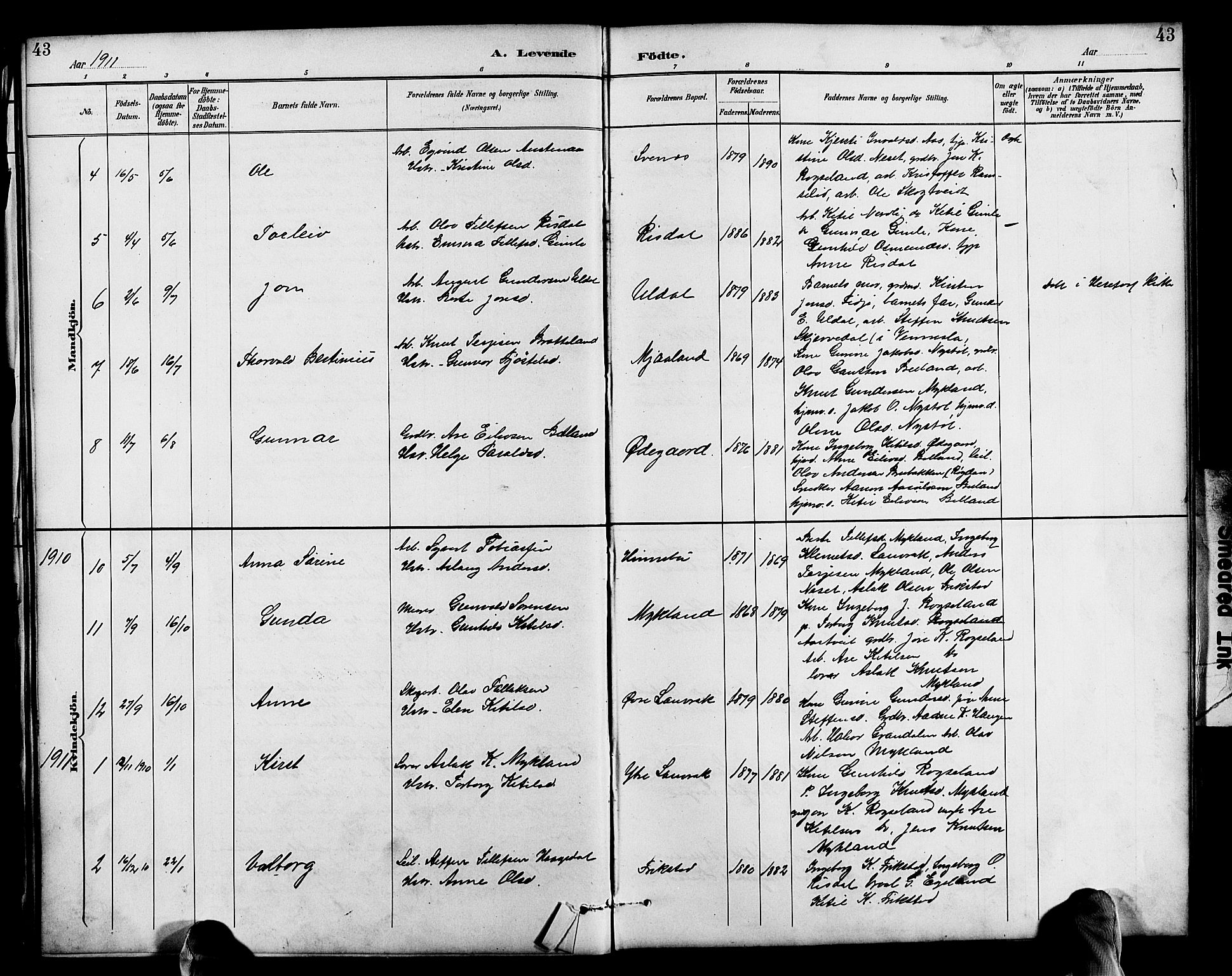 Herefoss sokneprestkontor, AV/SAK-1111-0019/F/Fb/Fbc/L0003: Parish register (copy) no. B 3, 1887-1915, p. 43