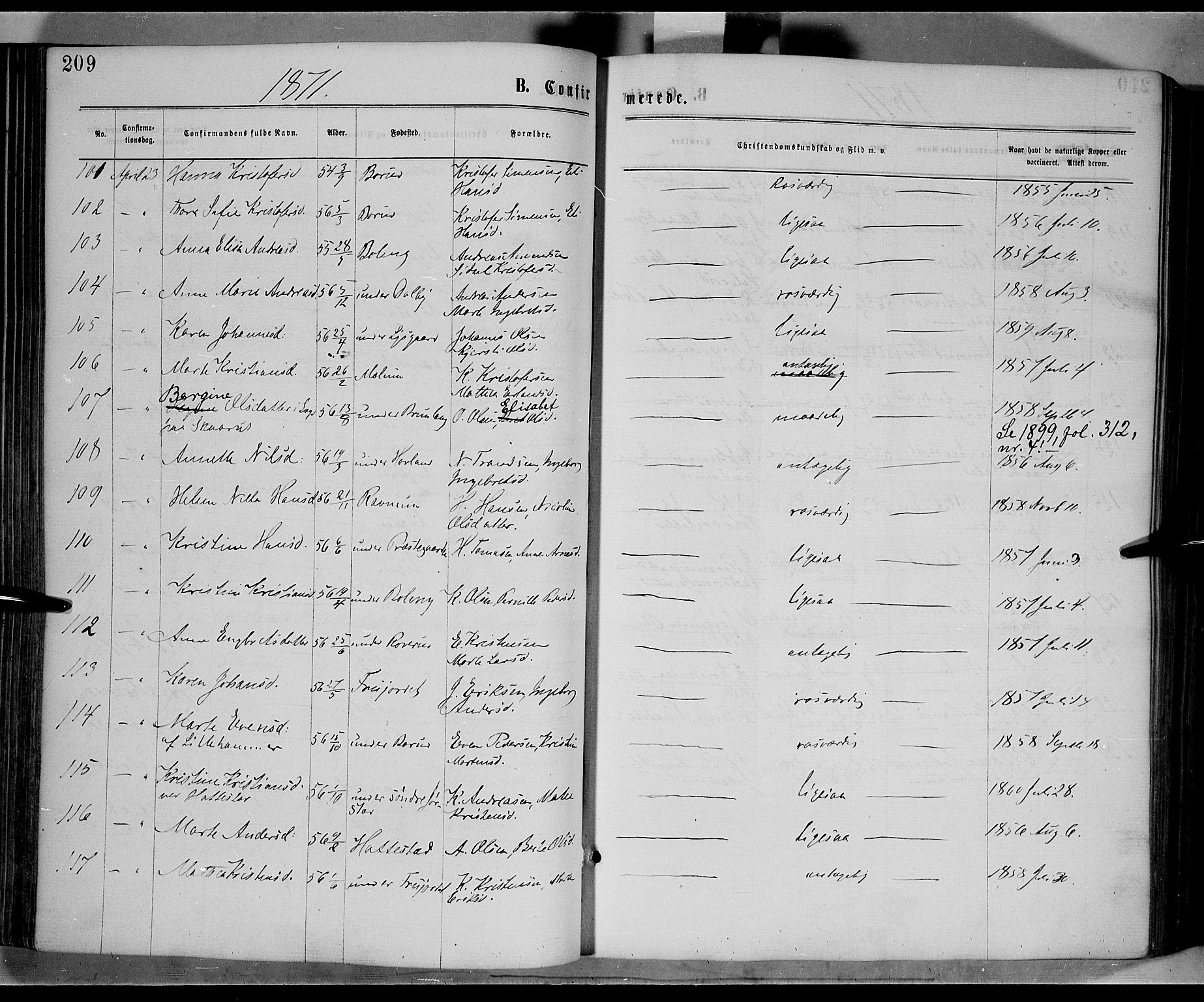 Fåberg prestekontor, AV/SAH-PREST-086/H/Ha/Haa/L0007: Parish register (official) no. 7, 1868-1878, p. 209