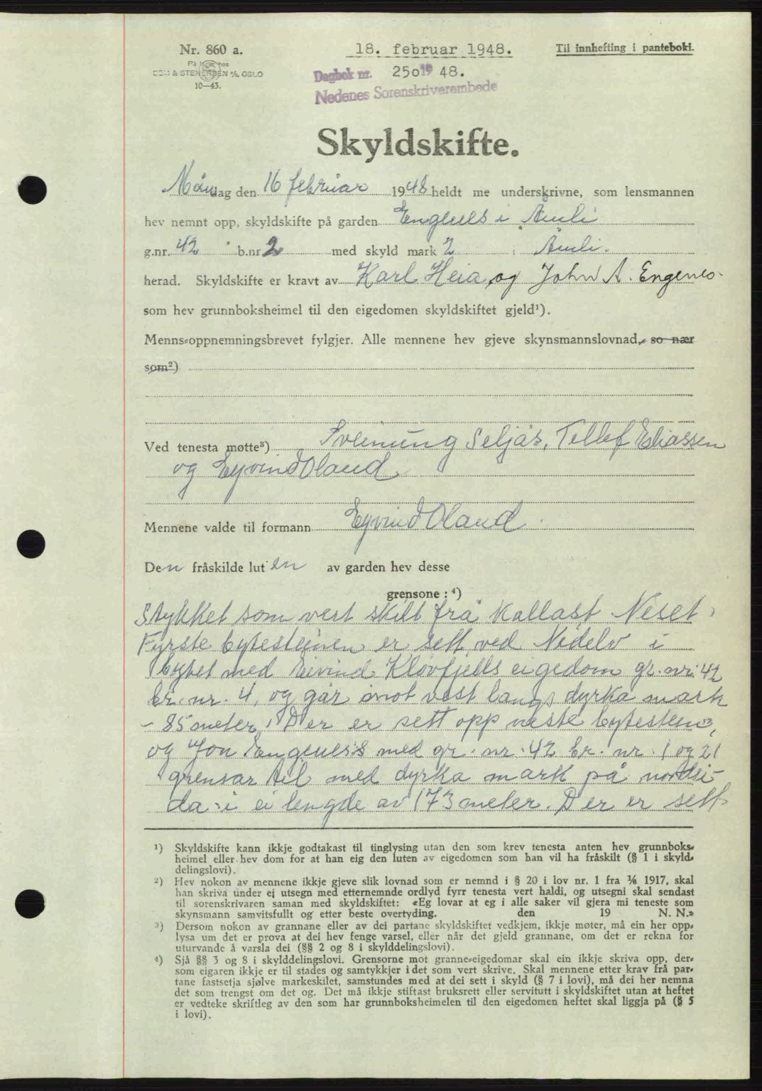 Nedenes sorenskriveri, AV/SAK-1221-0006/G/Gb/Gba/L0058: Mortgage book no. A10, 1947-1948, Diary no: : 250/1948