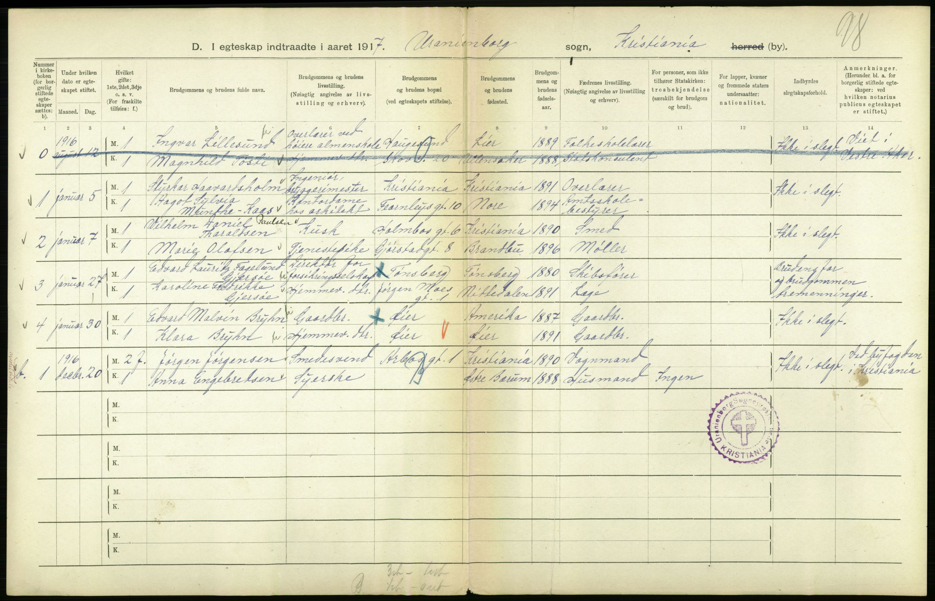 Statistisk sentralbyrå, Sosiodemografiske emner, Befolkning, AV/RA-S-2228/D/Df/Dfb/Dfbg/L0008: Kristiania: Gifte, 1917, p. 518