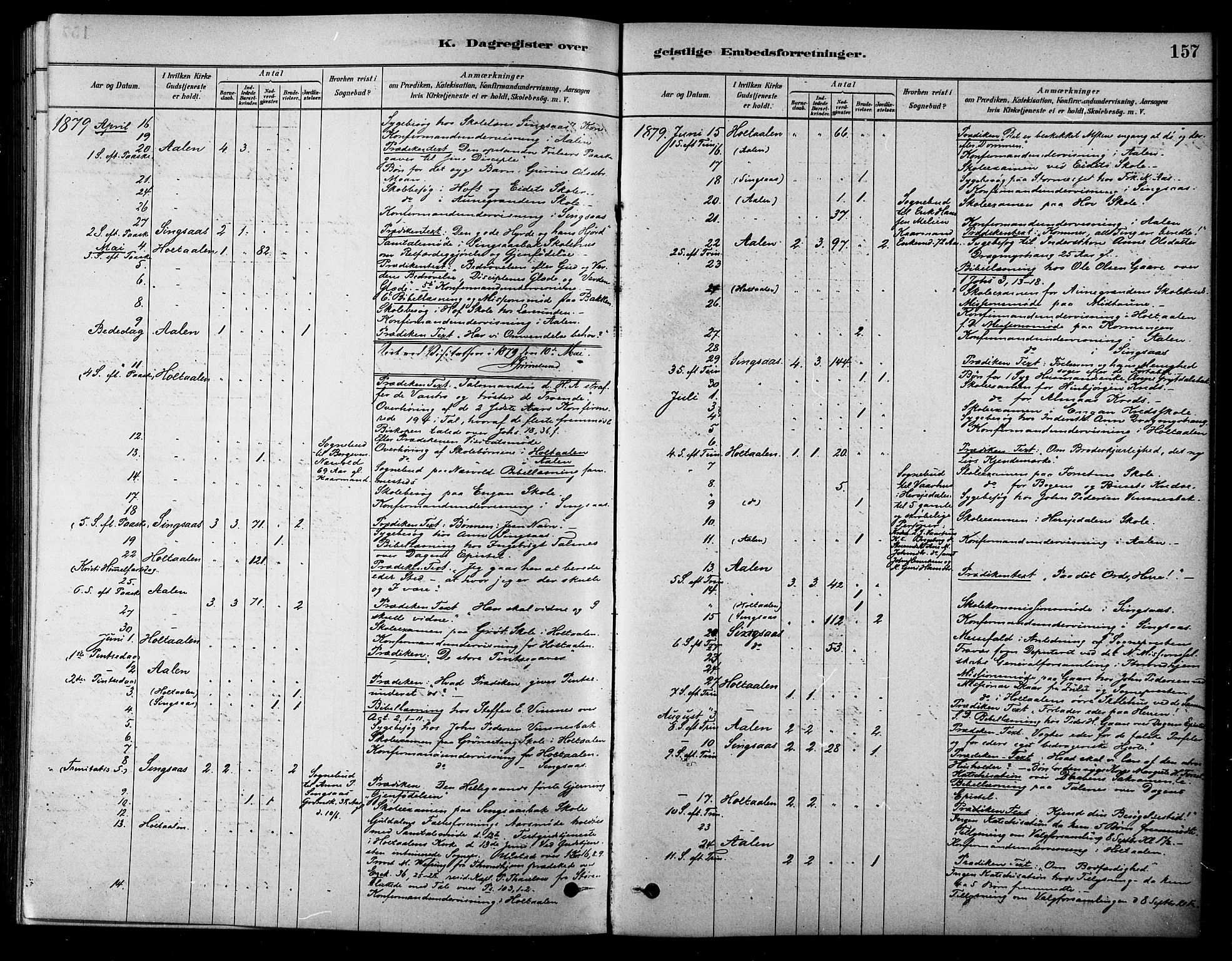 Ministerialprotokoller, klokkerbøker og fødselsregistre - Sør-Trøndelag, AV/SAT-A-1456/685/L0972: Parish register (official) no. 685A09, 1879-1890, p. 157