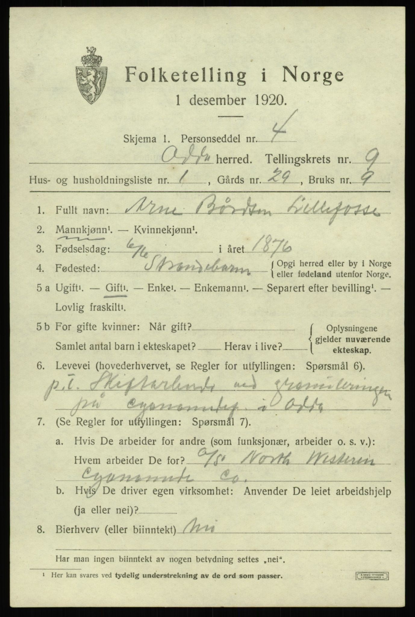SAB, 1920 census for Odda, 1920, p. 7385