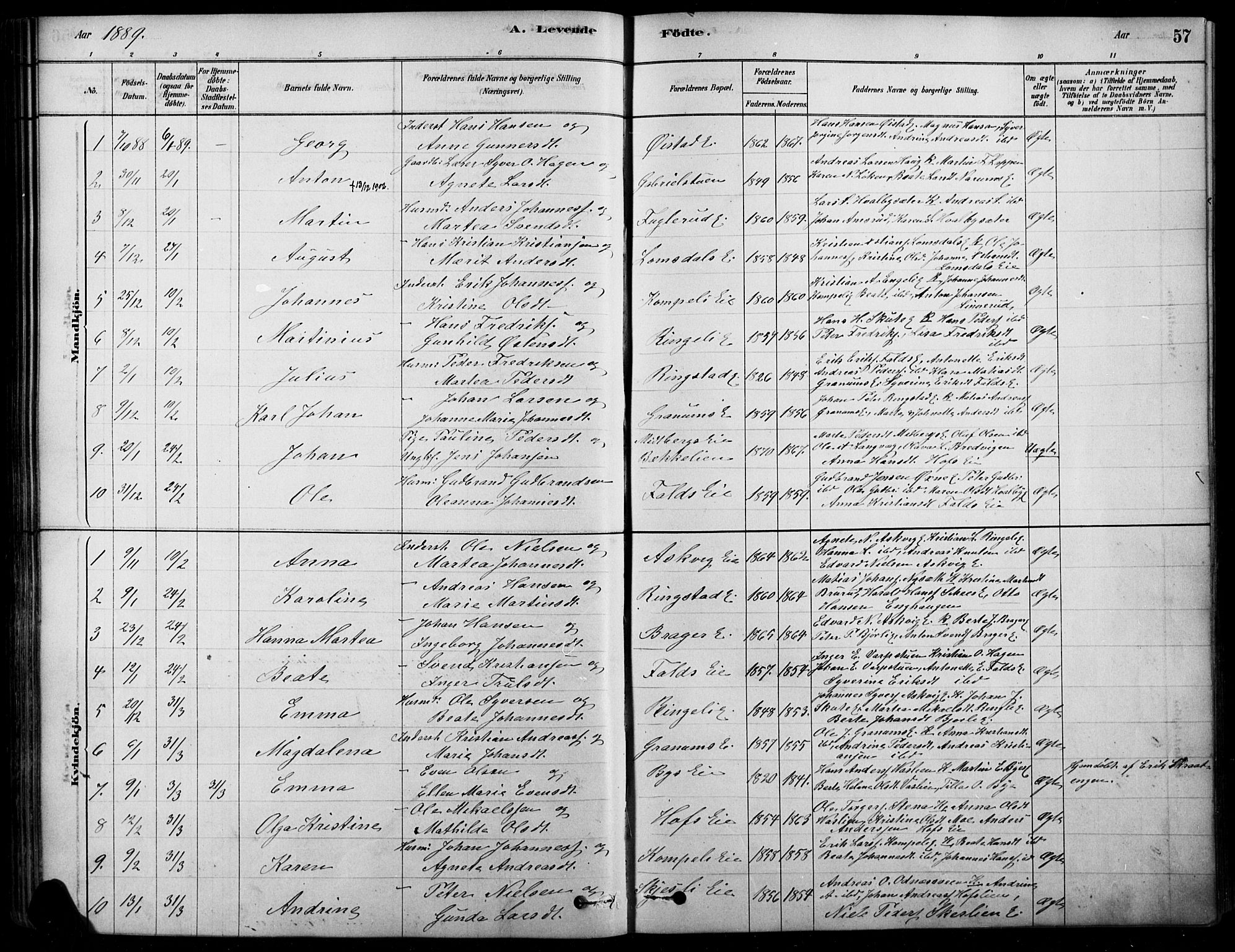 Søndre Land prestekontor, AV/SAH-PREST-122/K/L0003: Parish register (official) no. 3, 1878-1894, p. 57