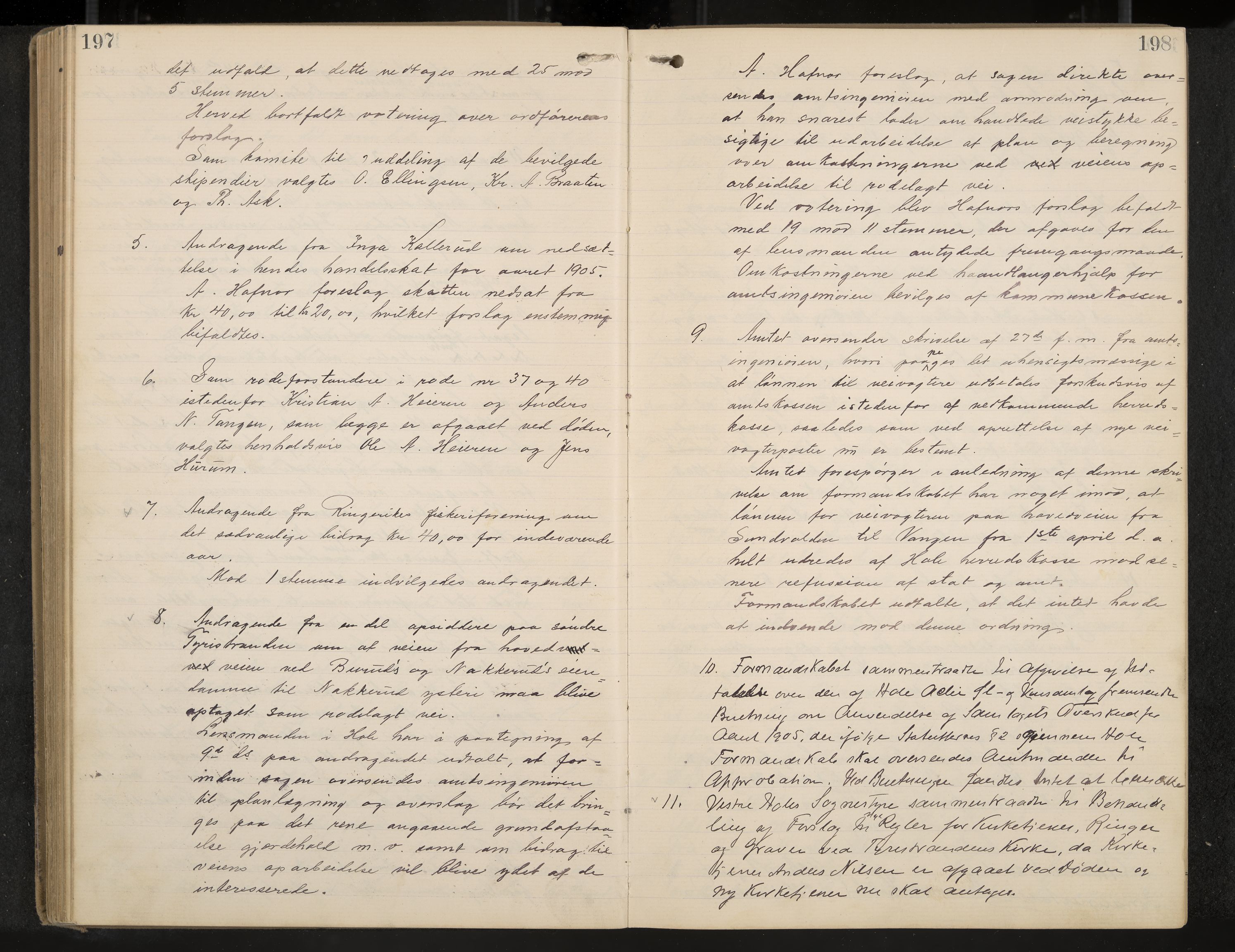 Hole formannskap og sentraladministrasjon, IKAK/0612021-1/A/Aa/L0004: Møtebok med register, 1902-1910, p. 197-198