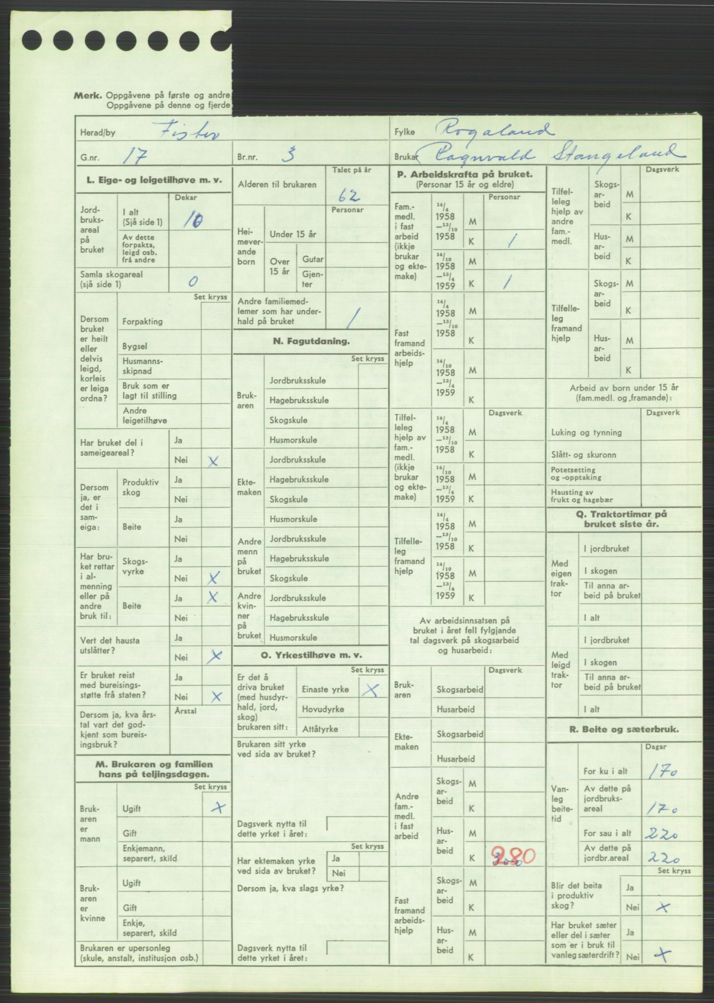 Statistisk sentralbyrå, Næringsøkonomiske emner, Jordbruk, skogbruk, jakt, fiske og fangst, AV/RA-S-2234/G/Gd/L0373: Rogaland: 1130 Strand (kl. 1-2), 1131 Årdal og 1132 Fister, 1959, p. 1775