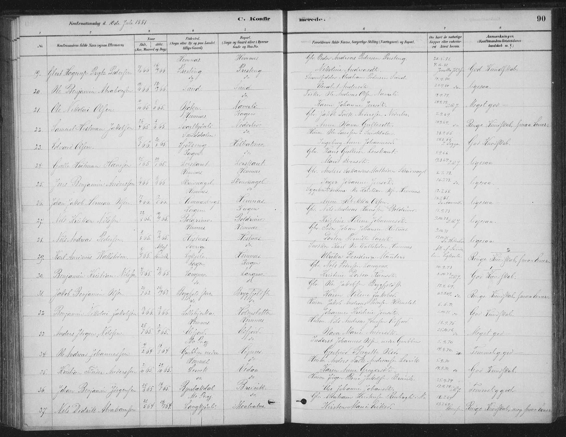 Ministerialprotokoller, klokkerbøker og fødselsregistre - Nordland, AV/SAT-A-1459/825/L0361: Parish register (official) no. 825A15, 1878-1893, p. 90