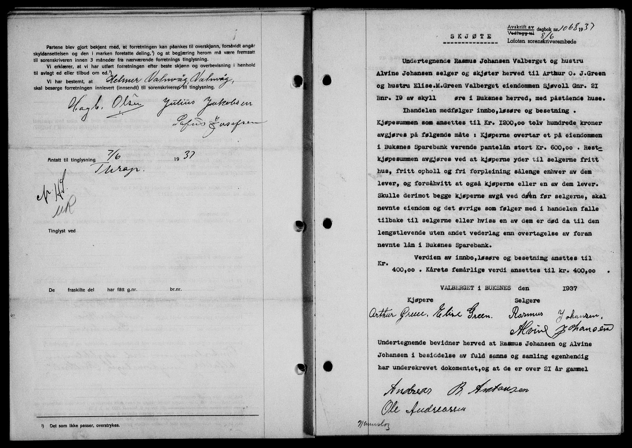 Lofoten sorenskriveri, SAT/A-0017/1/2/2C/L0002a: Mortgage book no. 2a, 1937-1937, Diary no: : 1068/1937