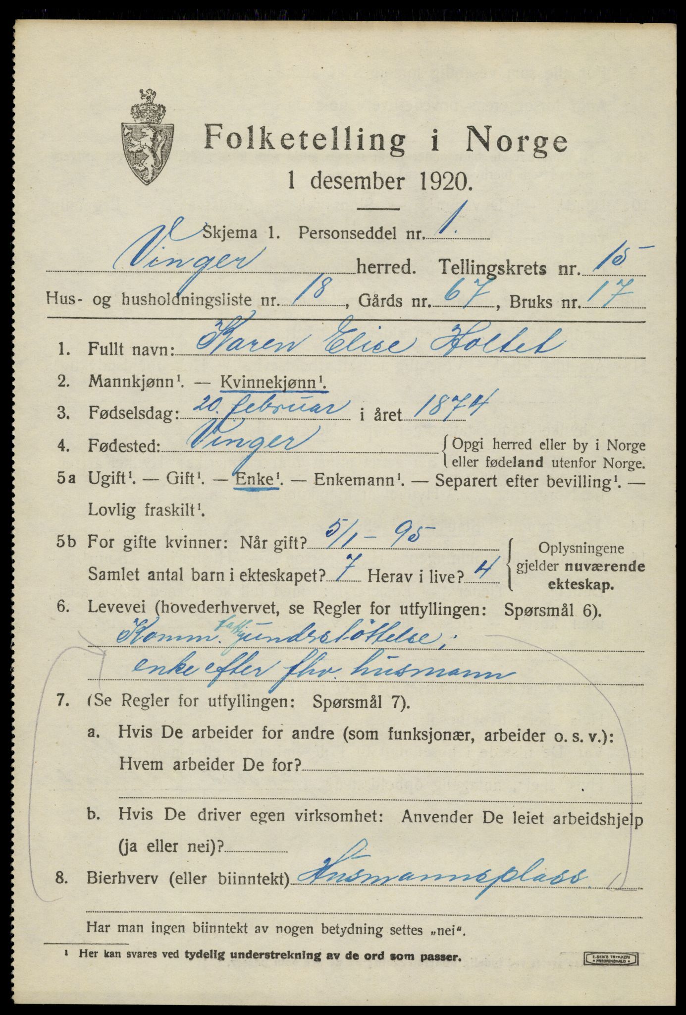 SAH, 1920 census for Vinger, 1920, p. 11882