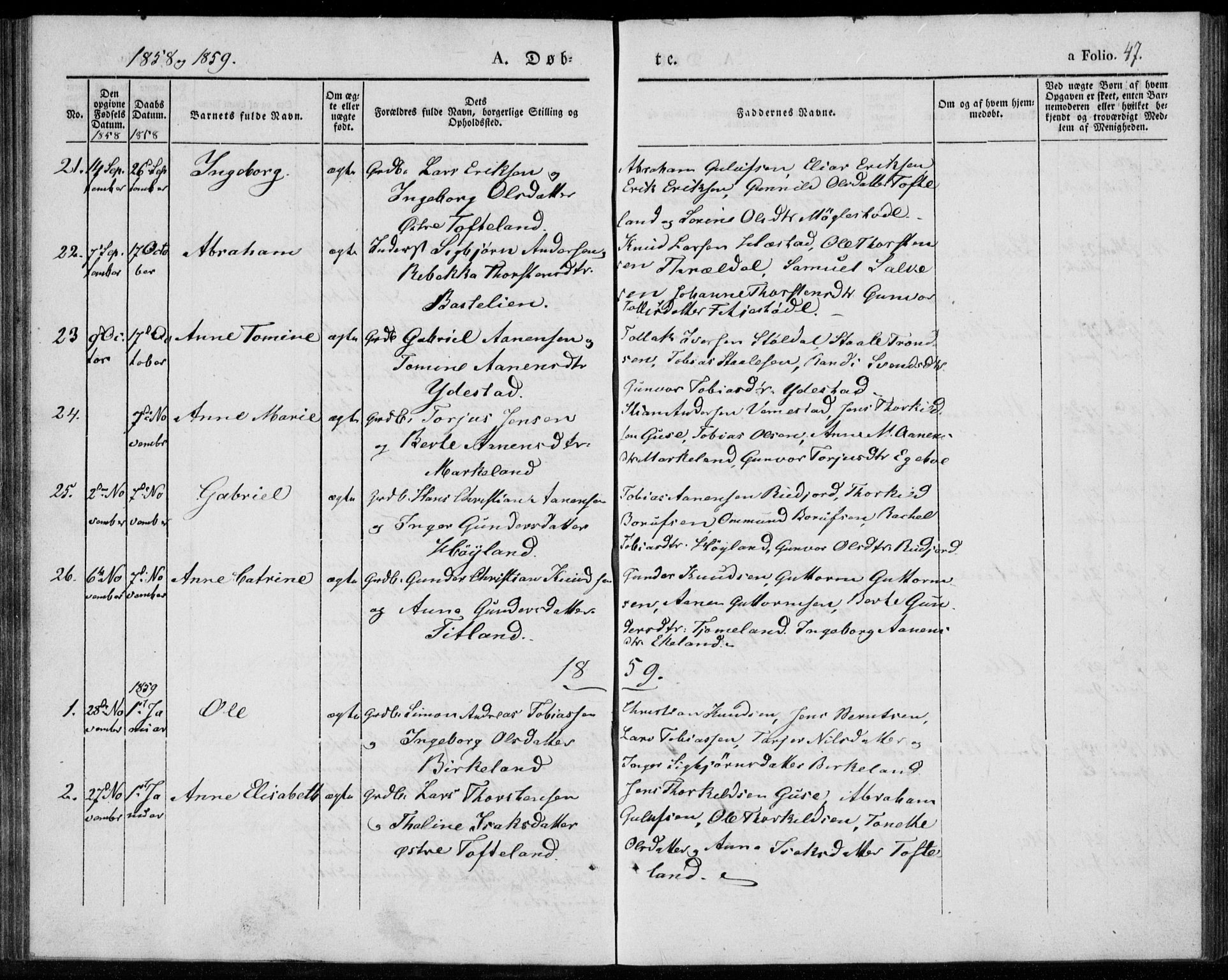 Lyngdal sokneprestkontor, AV/SAK-1111-0029/F/Fa/Fab/L0001: Parish register (official) no. A 1, 1838-1860, p. 47