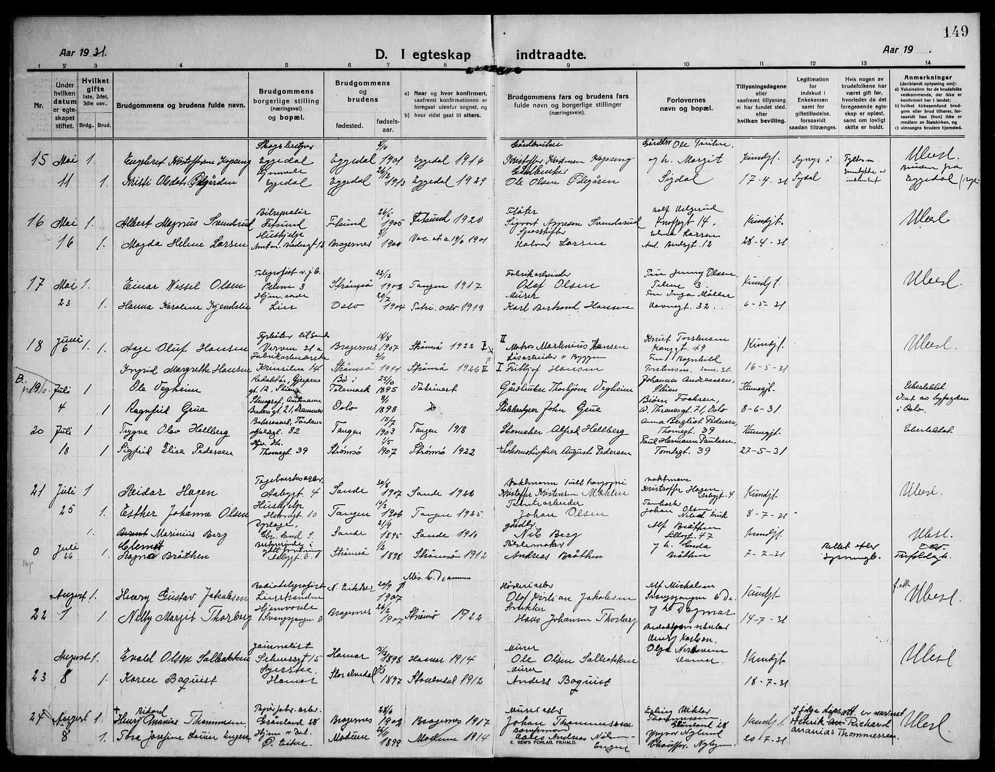 Strømsø kirkebøker, AV/SAKO-A-246/F/Fa/L0027: Parish register (official) no. I 28, 1912-1931, p. 149