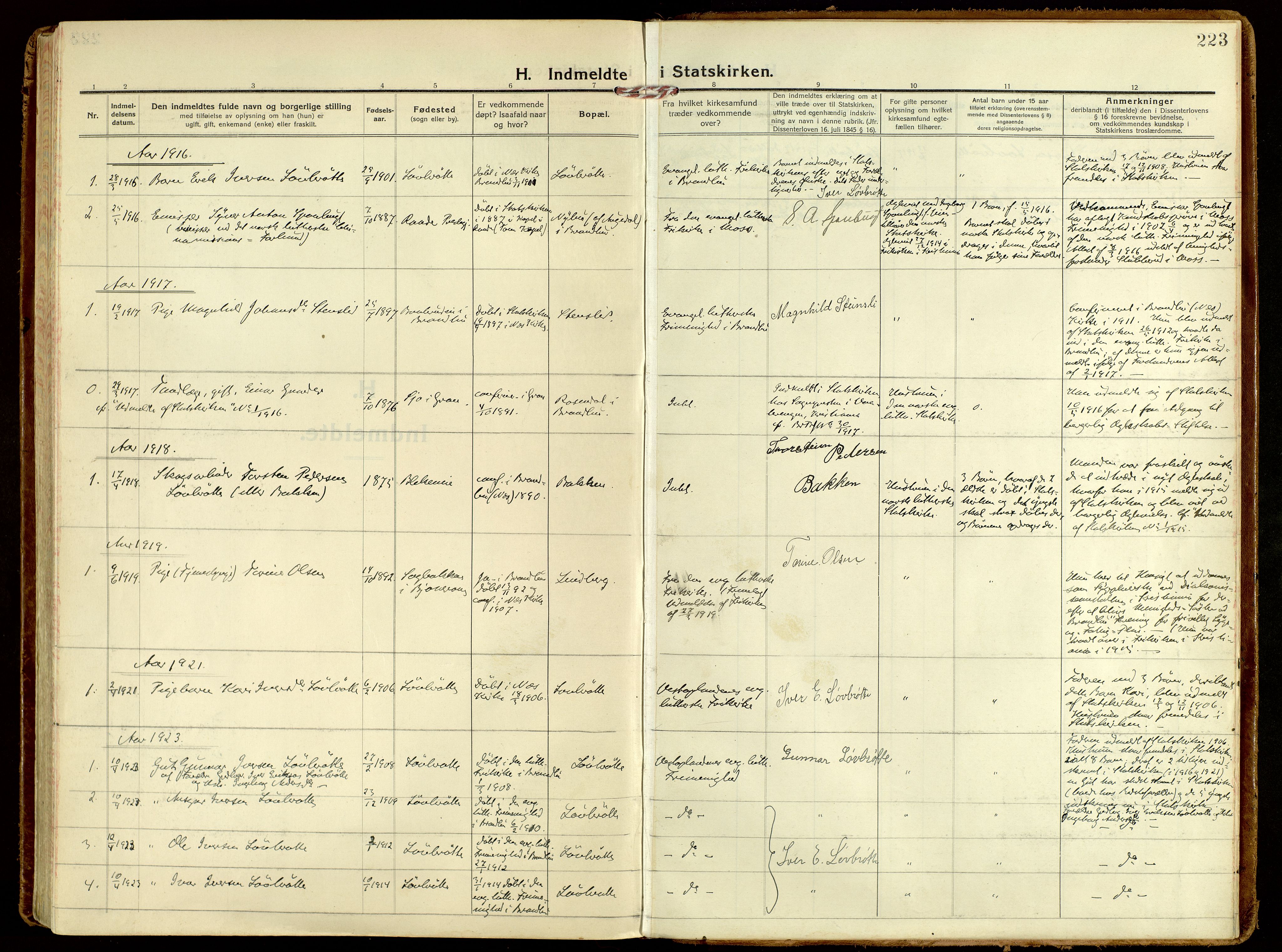 Brandbu prestekontor, SAH/PREST-114/H/Ha/Haa/L0004: Parish register (official) no. 4, 1913-1923, p. 223