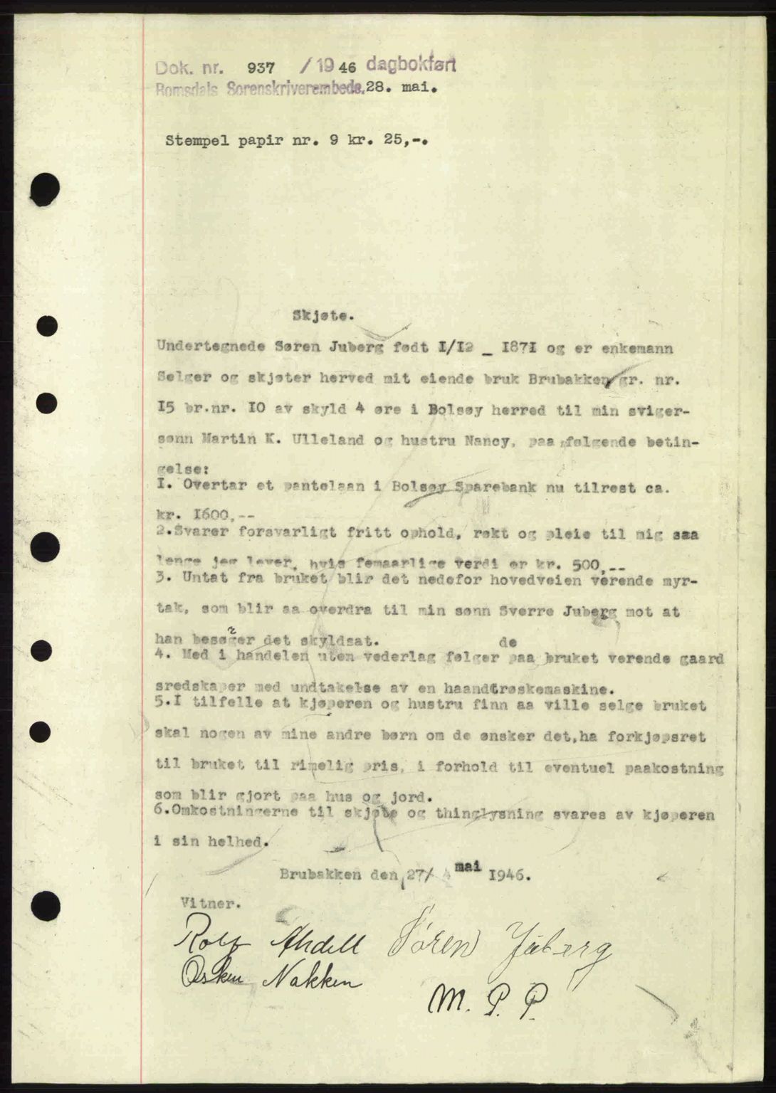 Romsdal sorenskriveri, SAT/A-4149/1/2/2C: Mortgage book no. A19, 1946-1946, Diary no: : 937/1946