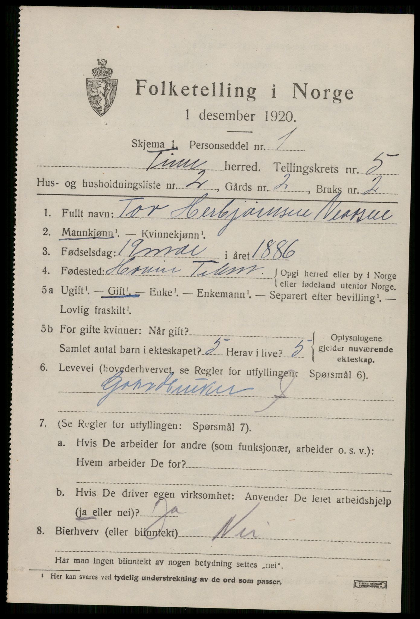 SAKO, 1920 census for Tinn, 1920, p. 4464