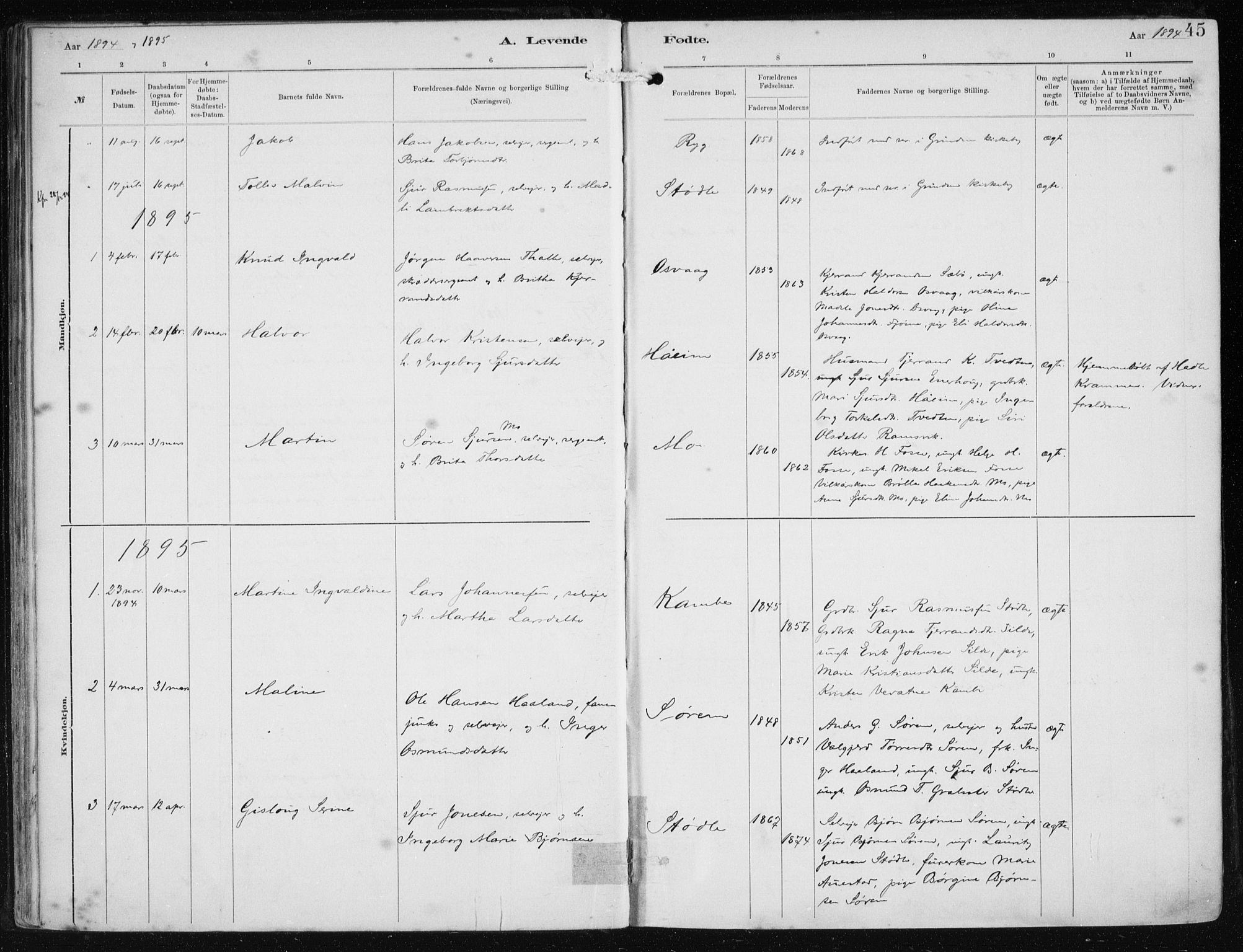 Etne sokneprestembete, SAB/A-75001/H/Haa: Parish register (official) no. B  1, 1879-1919, p. 45