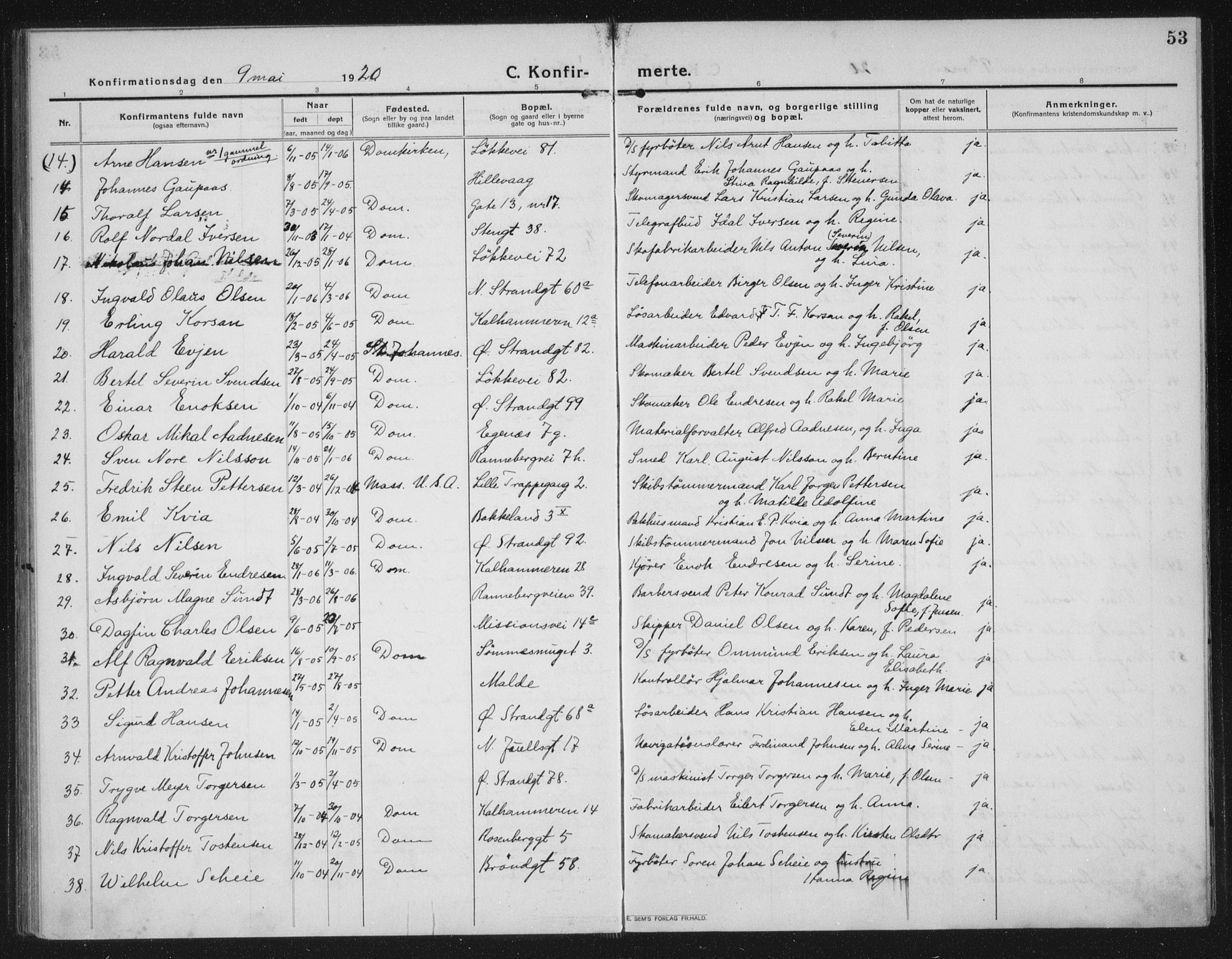 Domkirken sokneprestkontor, AV/SAST-A-101812/002/A/L0019: Parish register (official) no. A 35, 1916-1932, p. 53