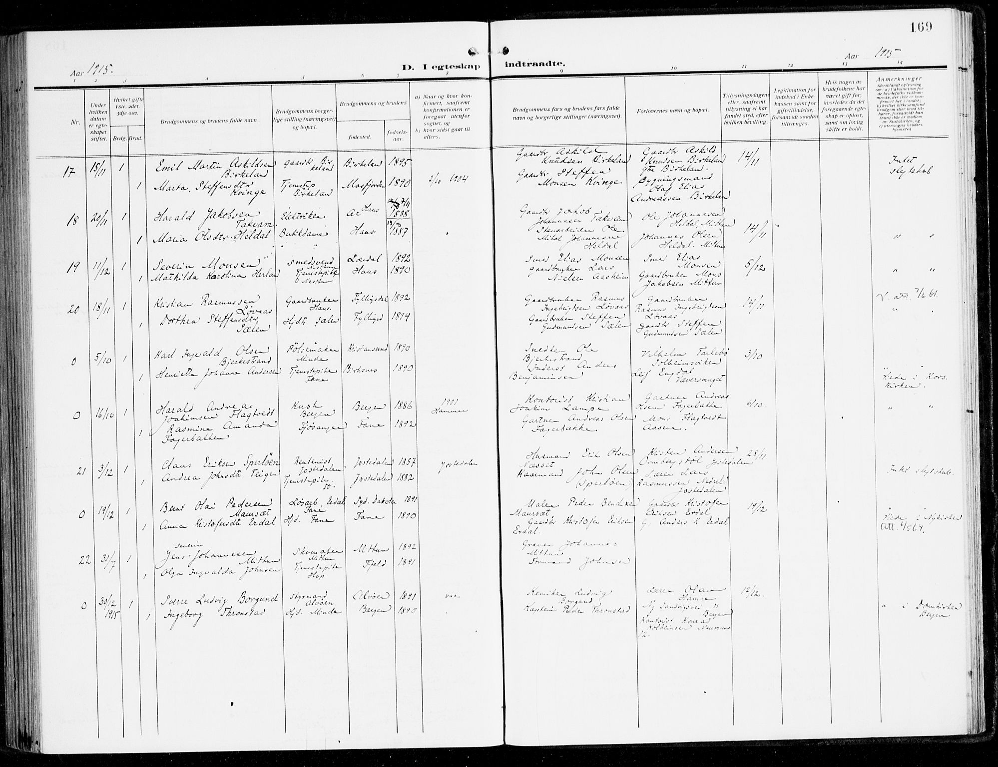 Fana Sokneprestembete, AV/SAB-A-75101/H/Haa/Haai/L0004: Parish register (official) no. I 4, 1912-1933, p. 169