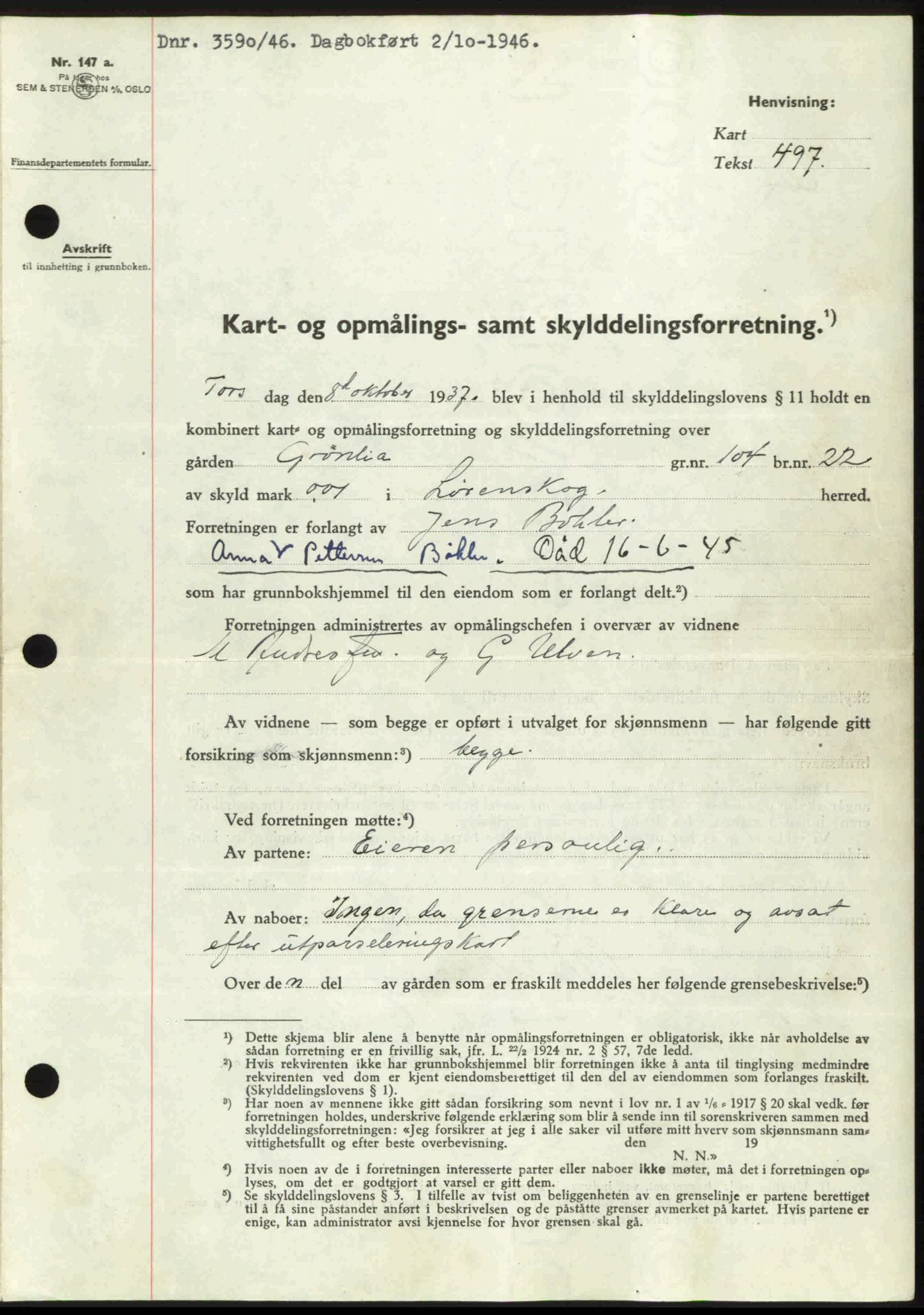 Nedre Romerike sorenskriveri, AV/SAO-A-10469/G/Gb/Gbd/L0017: Mortgage book no. 17, 1946-1946, Diary no: : 3590/1946