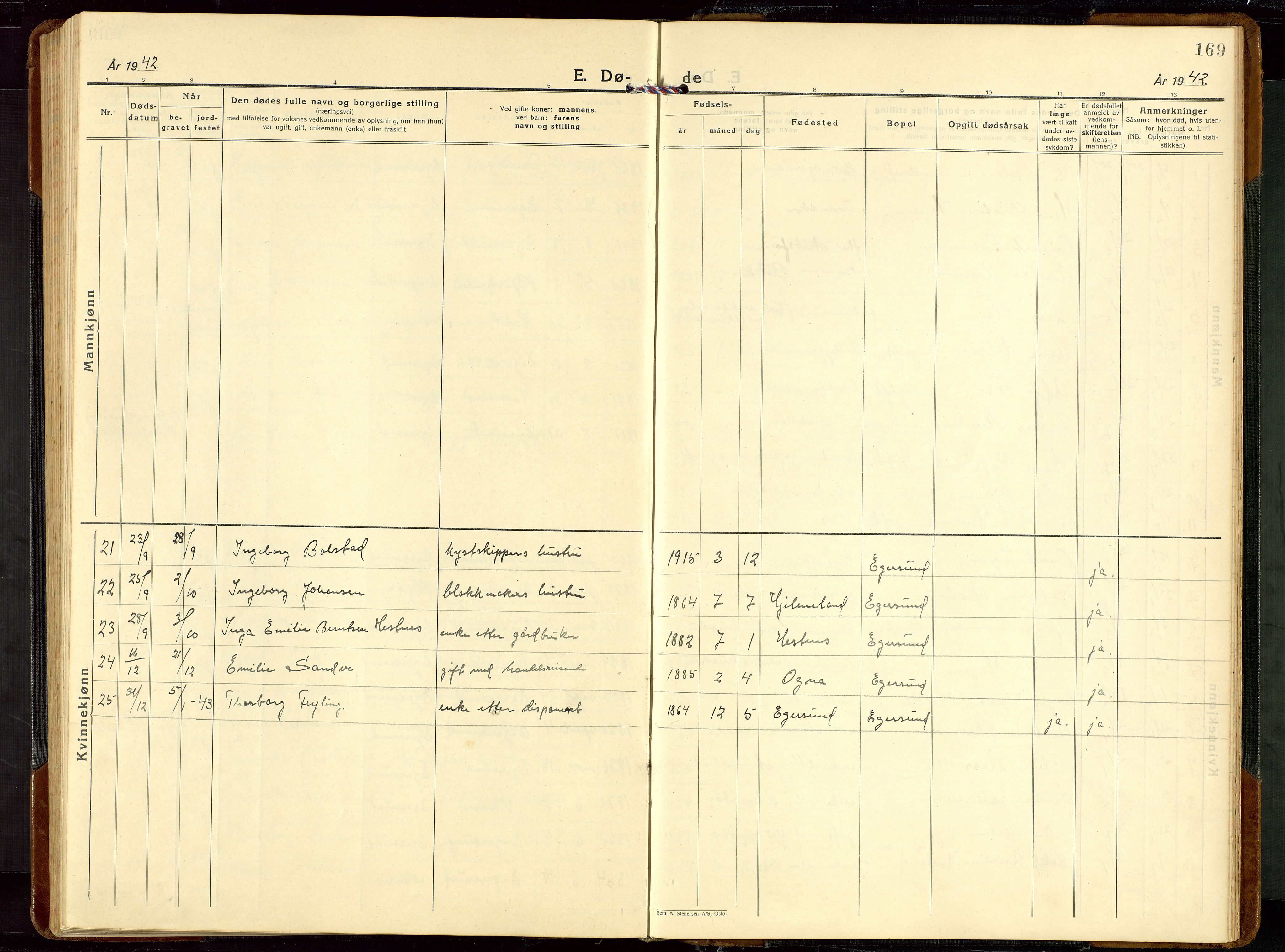 Eigersund sokneprestkontor, AV/SAST-A-101807/S09/L0014: Parish register (copy) no. B 14, 1931-1949, p. 169