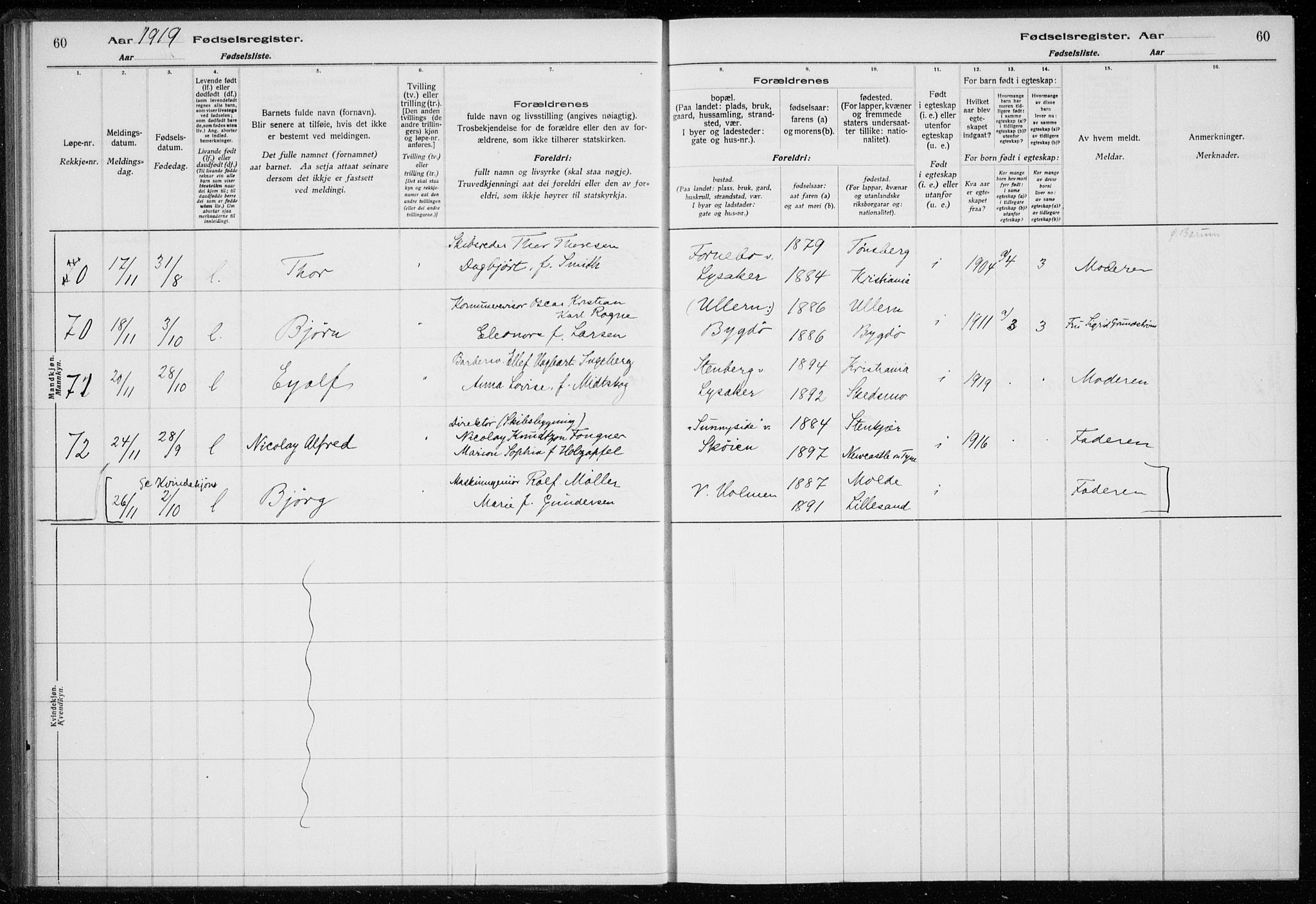 Ullern prestekontor Kirkebøker, AV/SAO-A-10740/J/L0001: Birth register no. 1, 1916-1928, p. 60