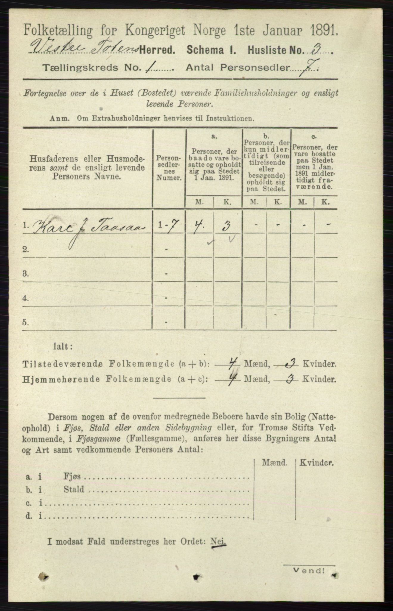 RA, 1891 census for 0529 Vestre Toten, 1891, p. 45