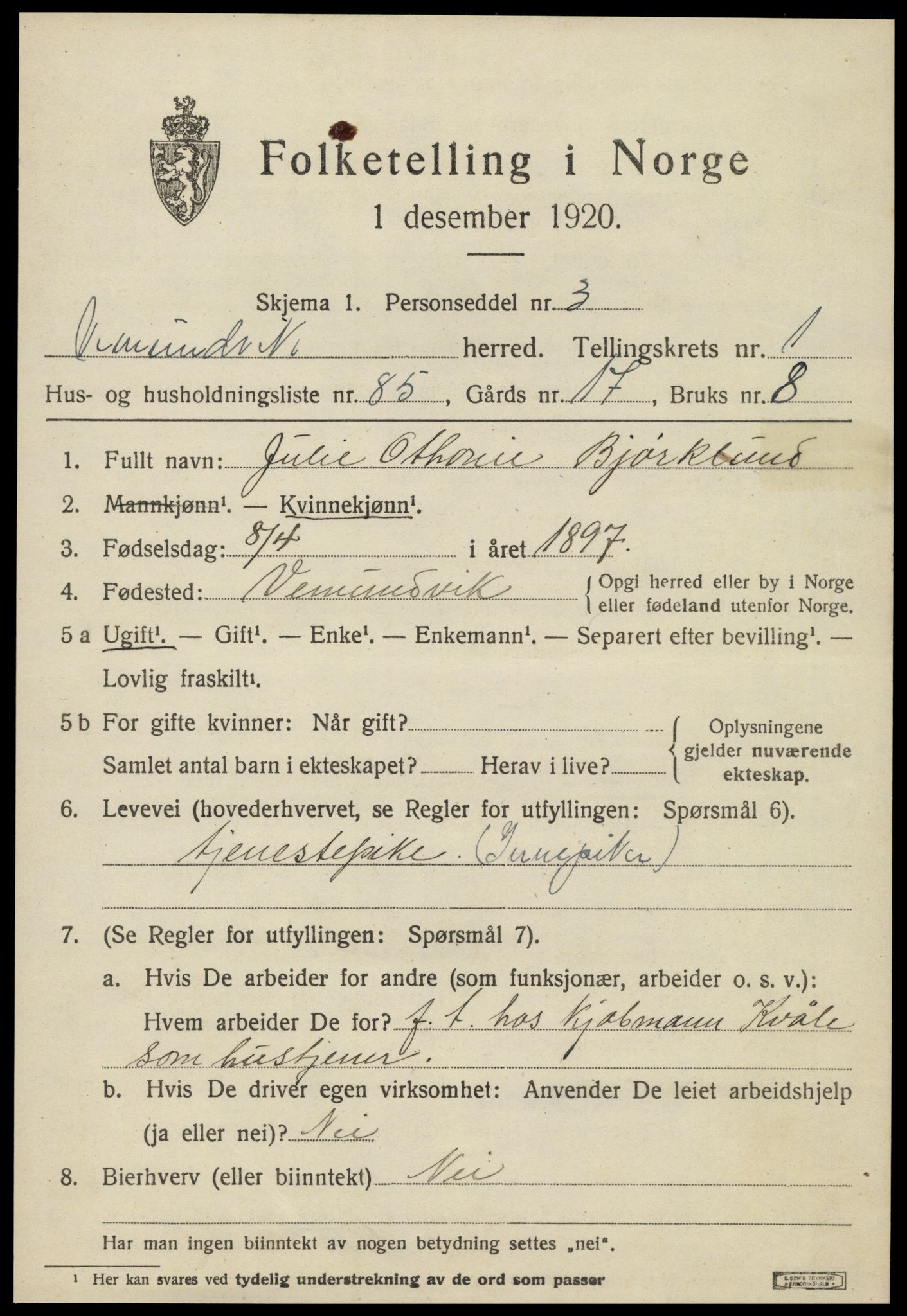 SAT, 1920 census for Vemundvik, 1920, p. 2245