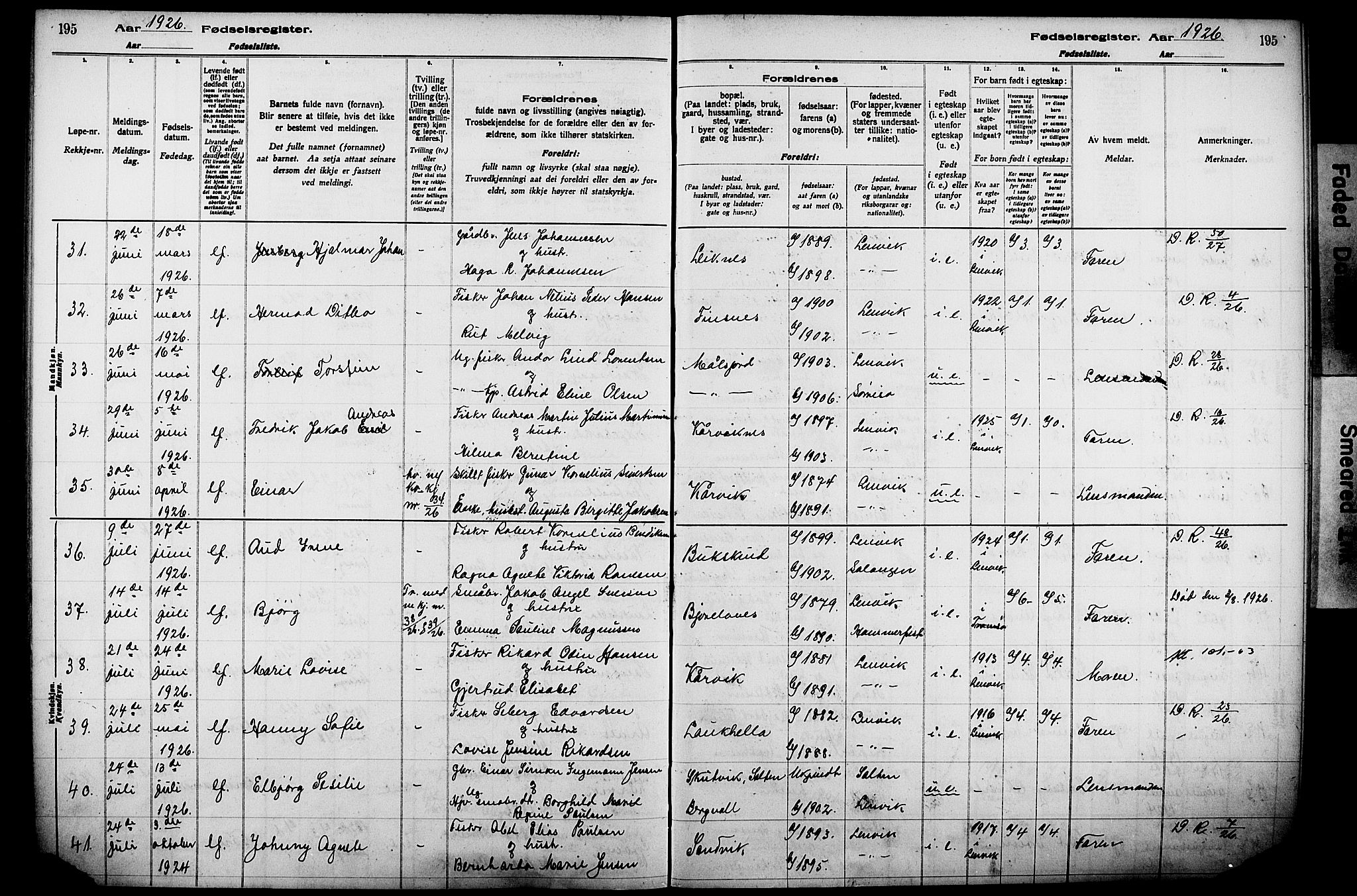 Lenvik sokneprestembete, AV/SATØ-S-1310/I/Ic/L0089: Birth register no. 89, 1916-1926, p. 195