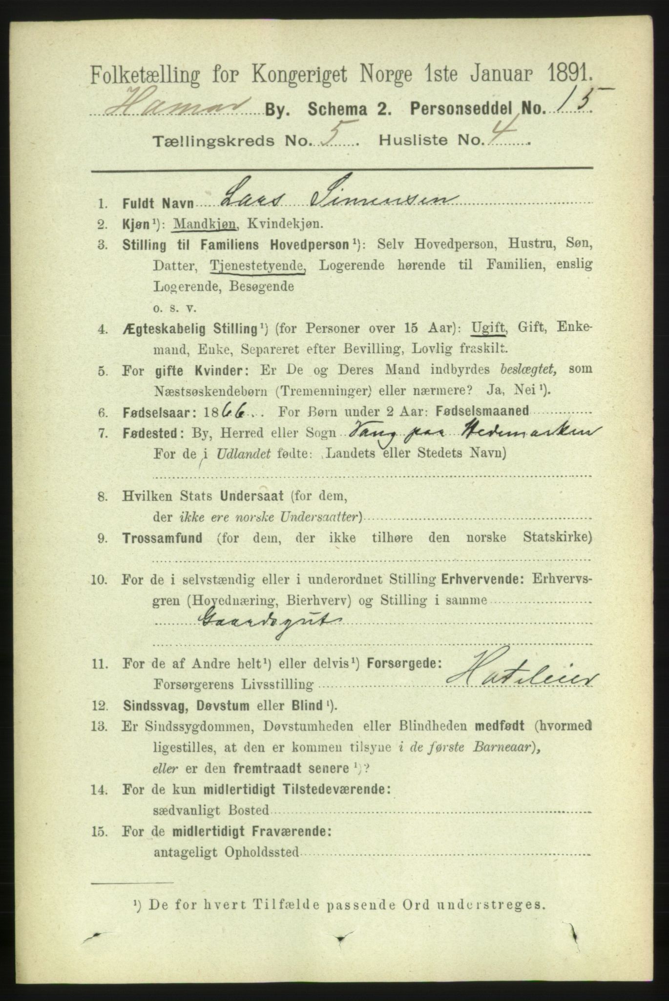 RA, 1891 census for 0401 Hamar, 1891, p. 3749