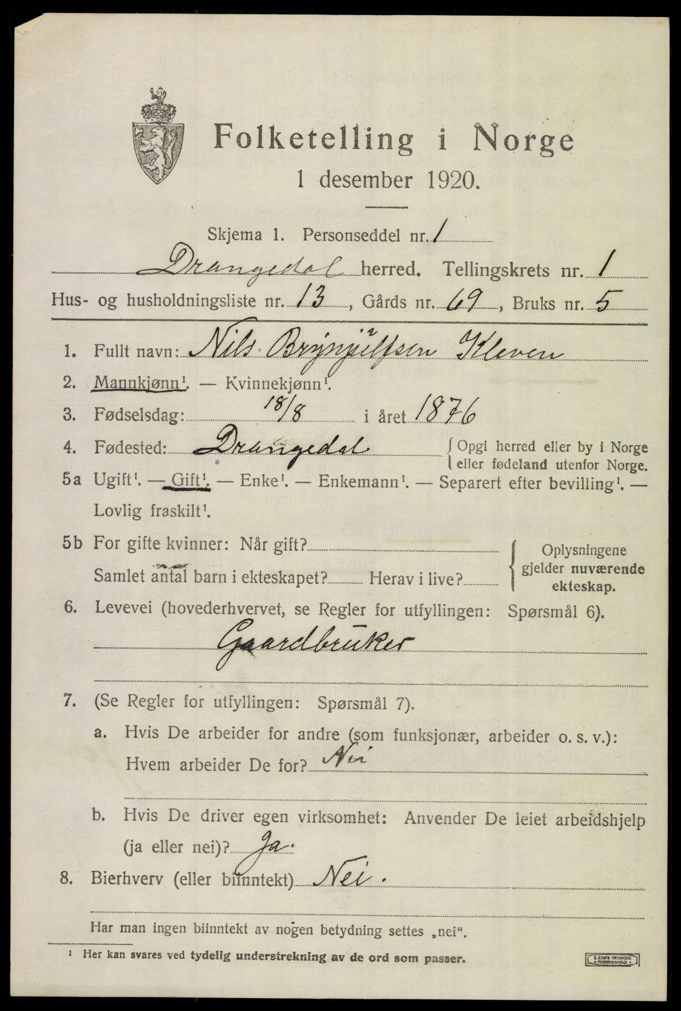 SAKO, 1920 census for Drangedal, 1920, p. 1801